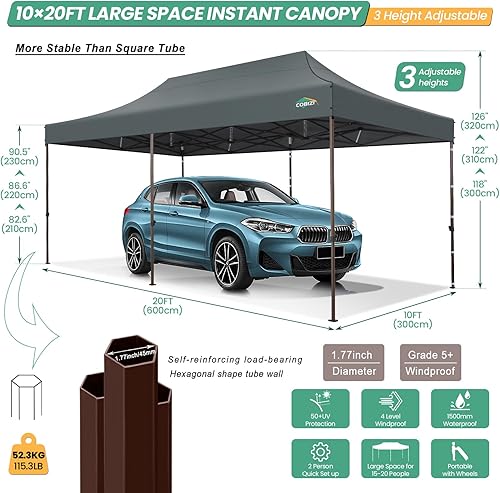 Miniatura 4 de COBIZI Toldo desplegable de 10 x 20 pulgadas sin pared lateral, toldo comercial resistente al aire libre, tiendas de campaña para fiestas con bolsa