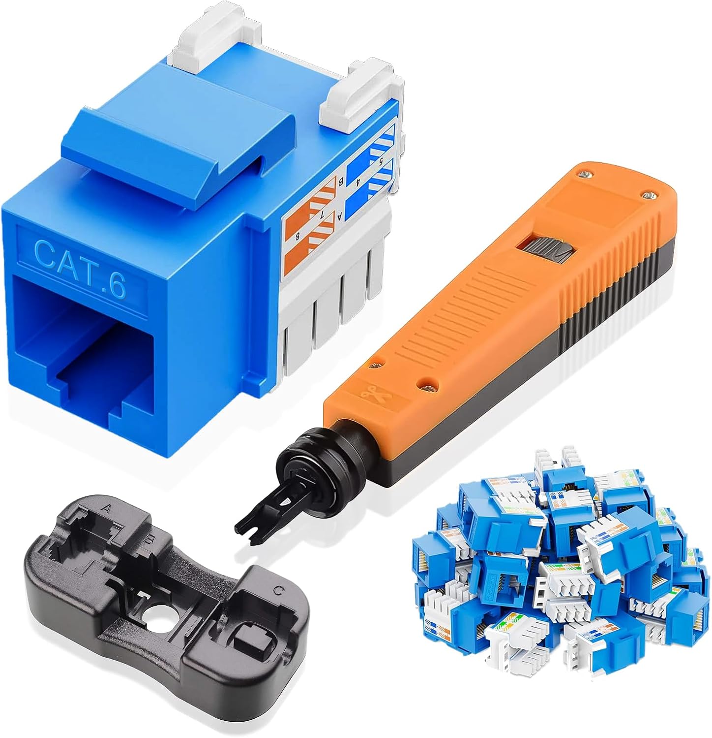10Gbps Cat6 Keystone Jacks 25-Pack, RJ45 Keystone Jack, Ethernet Keystone Jack in Blue with Punch-Down Tool and Punch-Down Stand for Wall Plate