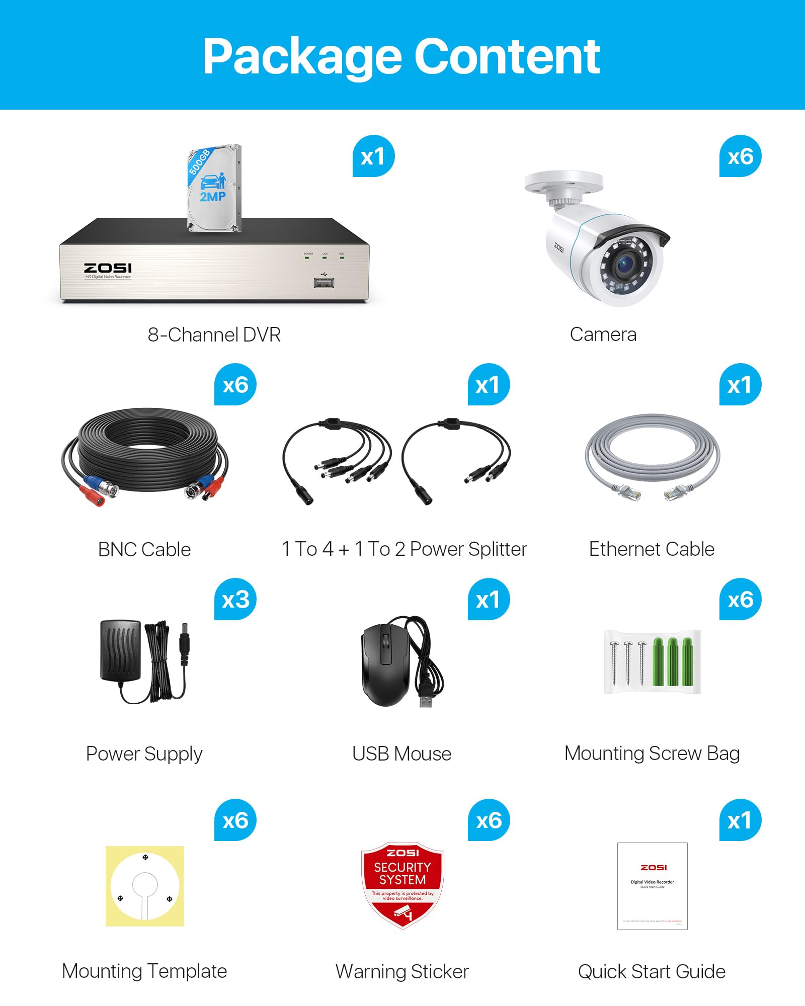 ZOSI 1080P Telecamera di Sorveglianza per Esterni Set 8CH 500GB DVR e 6 Telecamere di Sicurezza Cablate 1080P per Esterni, Riconoscimento di Persone e Veicoli, Visione Notturna IR 24m