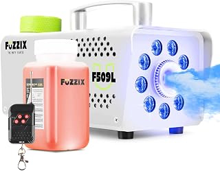 Fuzzix F509LW mini máquina de humo con efecto de luz con 9 LED RGB y 250 ml de líquido de niebla, 500 vatios con mando a distancia, máquina de humo para Halloween, fiestas, bares, color blanco
