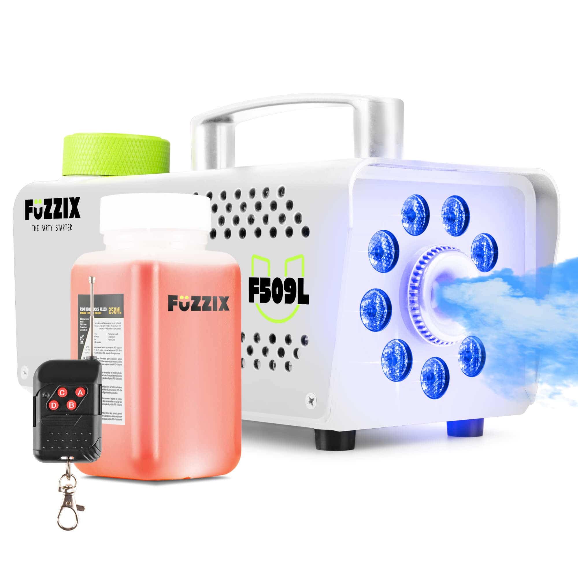 Fuzzix F509LW Nebelmaschine Mini mit LED Lichteffekt und 250ml Nebelfluid, 500 Watt mit Fernbedienung, Rauchmaschine Party, Smoke Machine mit 9 LEDs RGB für Hochzeiten, Halloween, Partys, Bars, Weiß