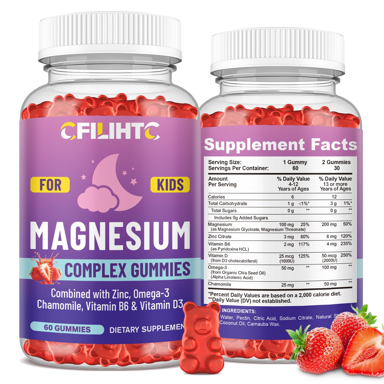 Kids Magnesium Gummies-Magnesium Glycinate Gummies for Kids Supplement-w/Zinc, Chamomile, Omega-3, Vitamin B6, D3 - for Sleep, Relaxation, Brain, Bones, Children's Calm, Sugar Free Strawberry 60ct