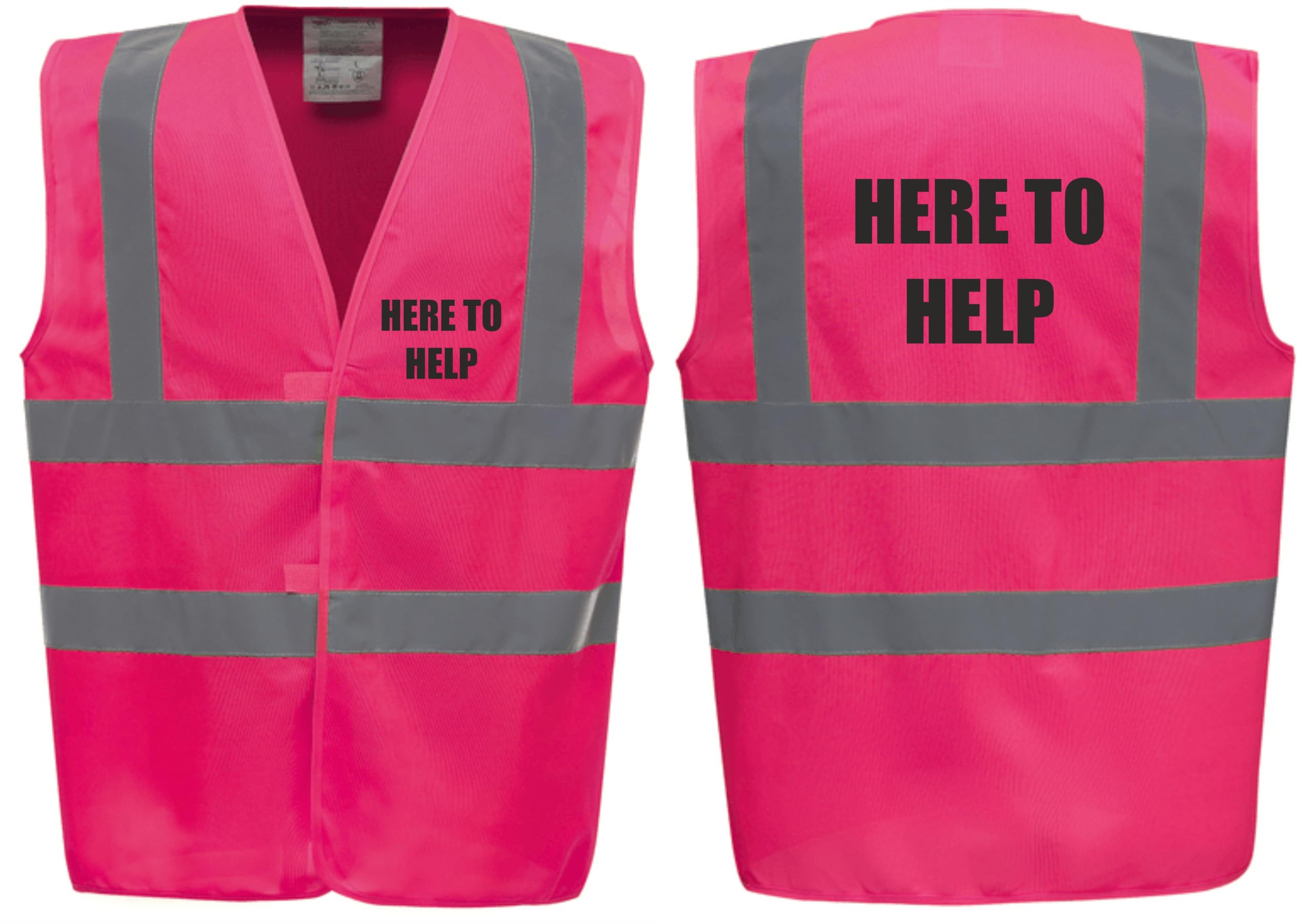 Brook Hi Vis Premium Safety Vest - HERE TO HELP Printed Front & Back, Event Management High Viz Waistcoat, Available in 14 Colours Festivals Events (UK, Alpha, XL, Regular, Regular, Pink)
