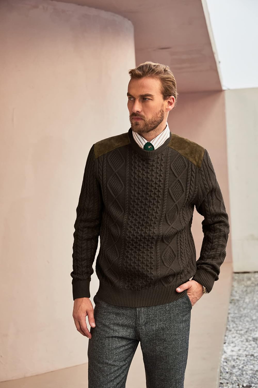 PJ PAUL JONES Mens Sweater Military Cable Knit Crewneck Vintage Long Sleeve Pulllover Sweaters with Suede Patchwork - Image 2