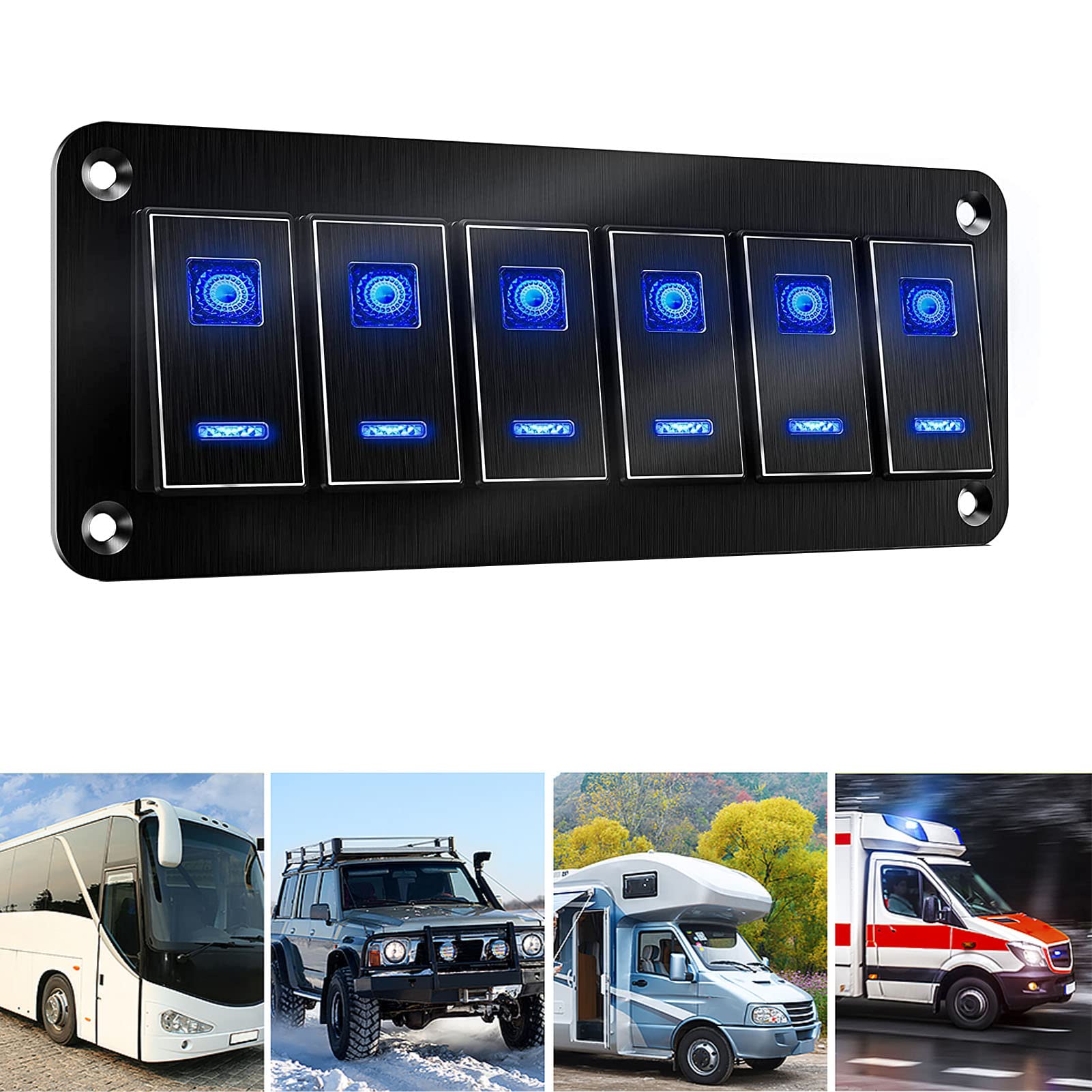 6 Gang Rocker Switch Panel Waterproof Portable Blue Backlit Design for