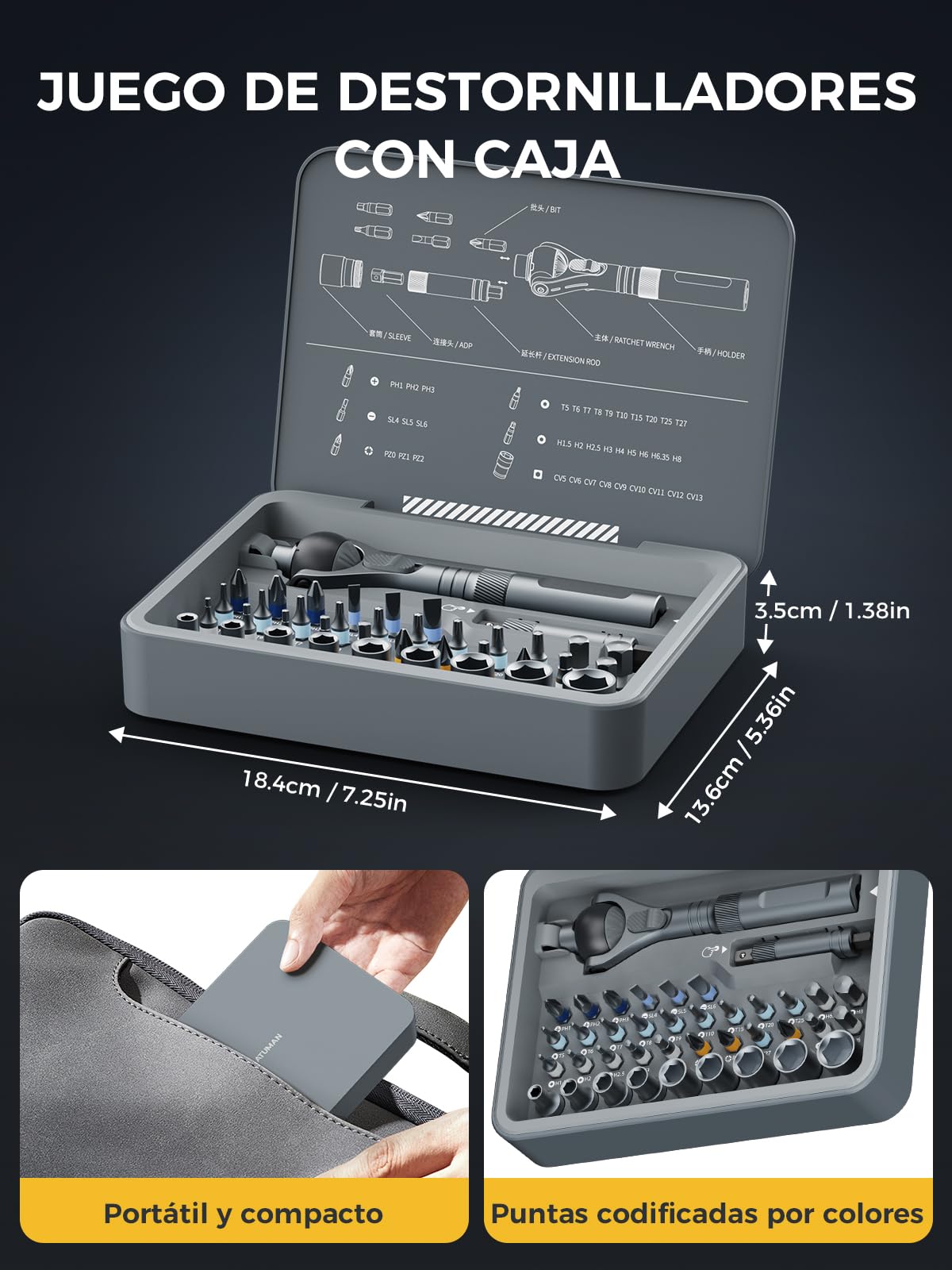 Atuman Juego Destornilladores 40 en 1 RS2, Juego de Destornillador Carraca Magnético con Crv Vaso y S2 Puntas Screwdriver Set para Casa Bricolaje Reparación Diy