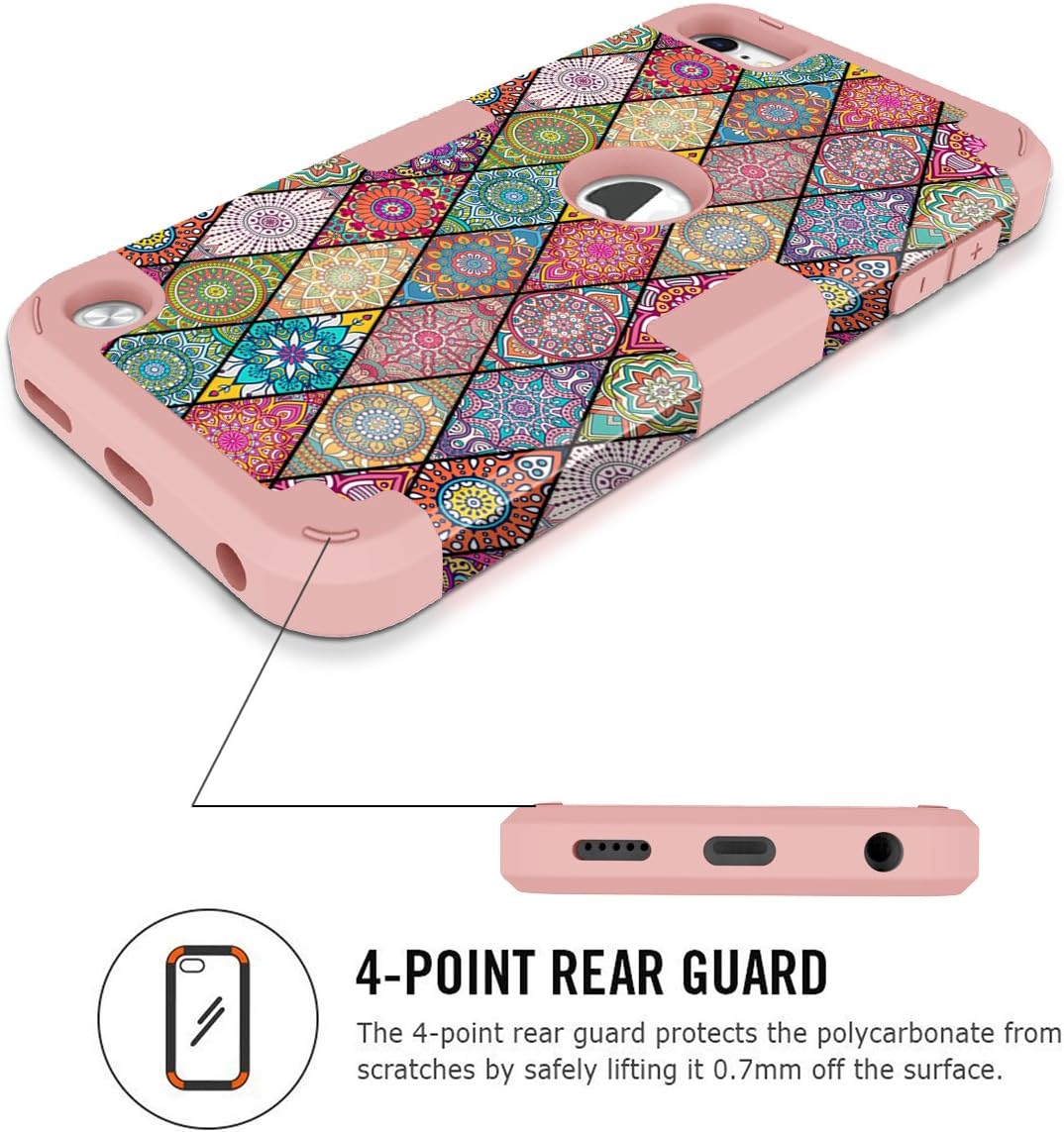 Hocase iPod Touch 7/6/5 Case, Shockproof Heavy Duty Hard Plastic Bumper+Soft Silicone Rubber Hybrid Dual Layer Protective Case for iPod Touch 7th/6th/5th Generation - Mandala Flowers/Rose Gold