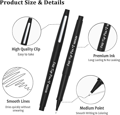 Miniatura 5 de Lelix Bolígrafos de punta de fieltro, 15 bolígrafos negros y 15 azules y 15 rojos de punta media, bolígrafos de fieltro para diario, escritura, toma