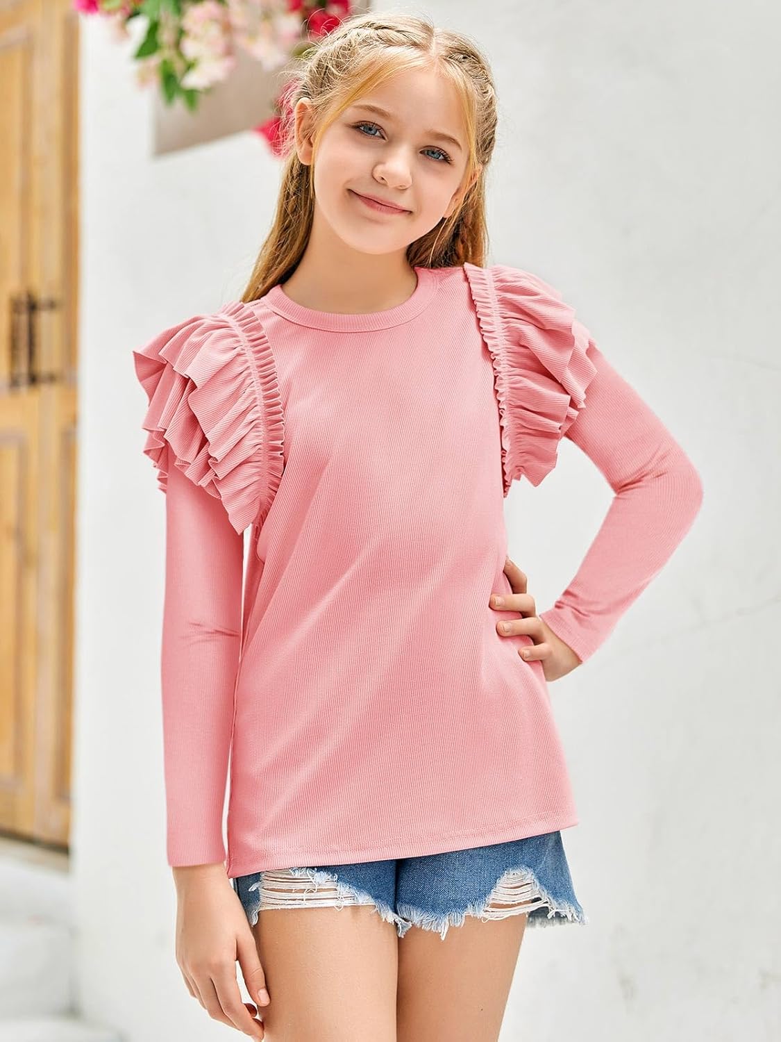 rrhss Girls Ruffle Long Sleeve Shirts Kids Cute Fitted Crew Neck Ribbed Knit Tops Clothes - Image 4