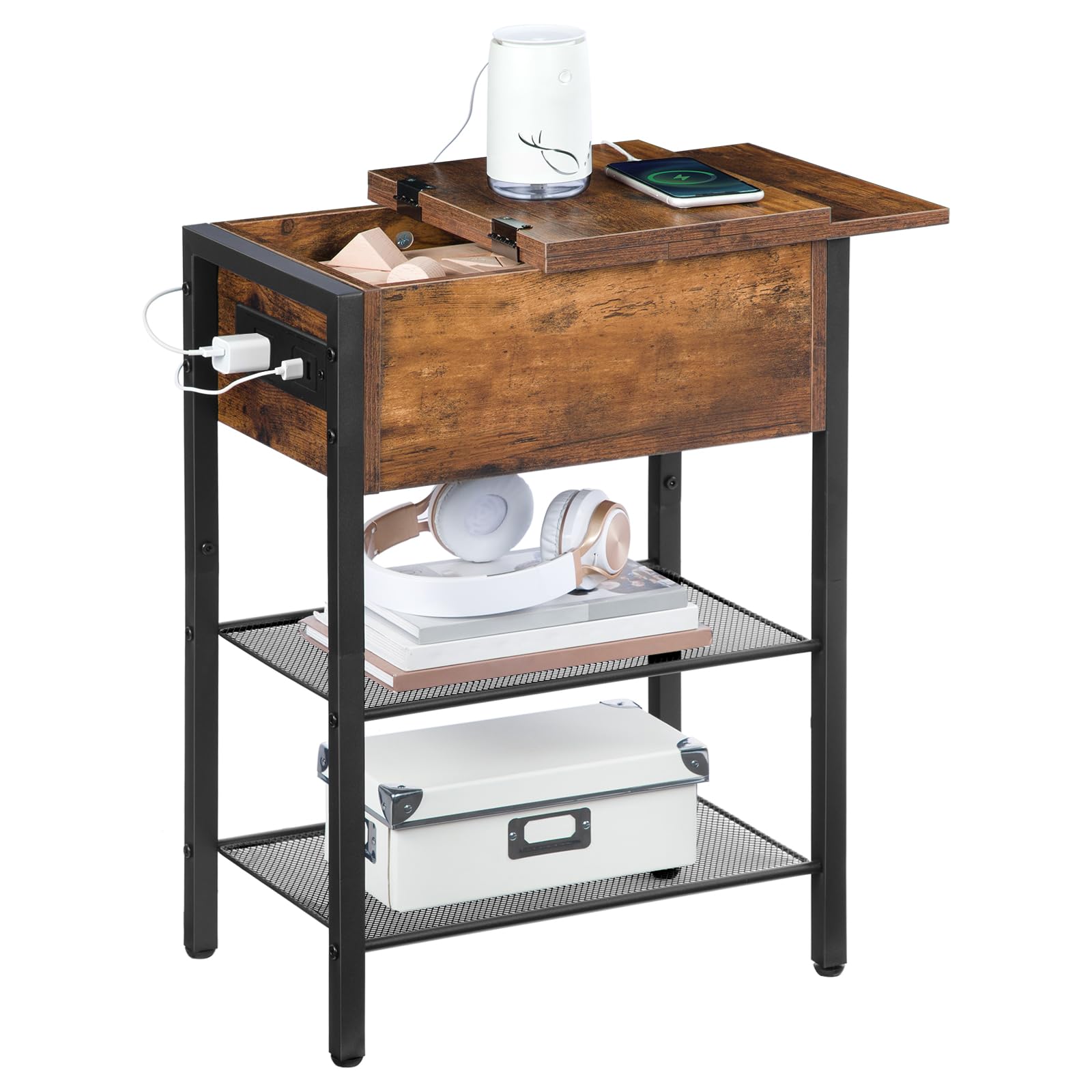 HOOBRO End Table with Charging Station, Narrow Side Table with USB Ports and Outlets, Flip Nightstand for Small Spaces, Sofa Couch Table Bedside Table, Living Room Bedroom, Rustic Brown BF158UBZ01G1