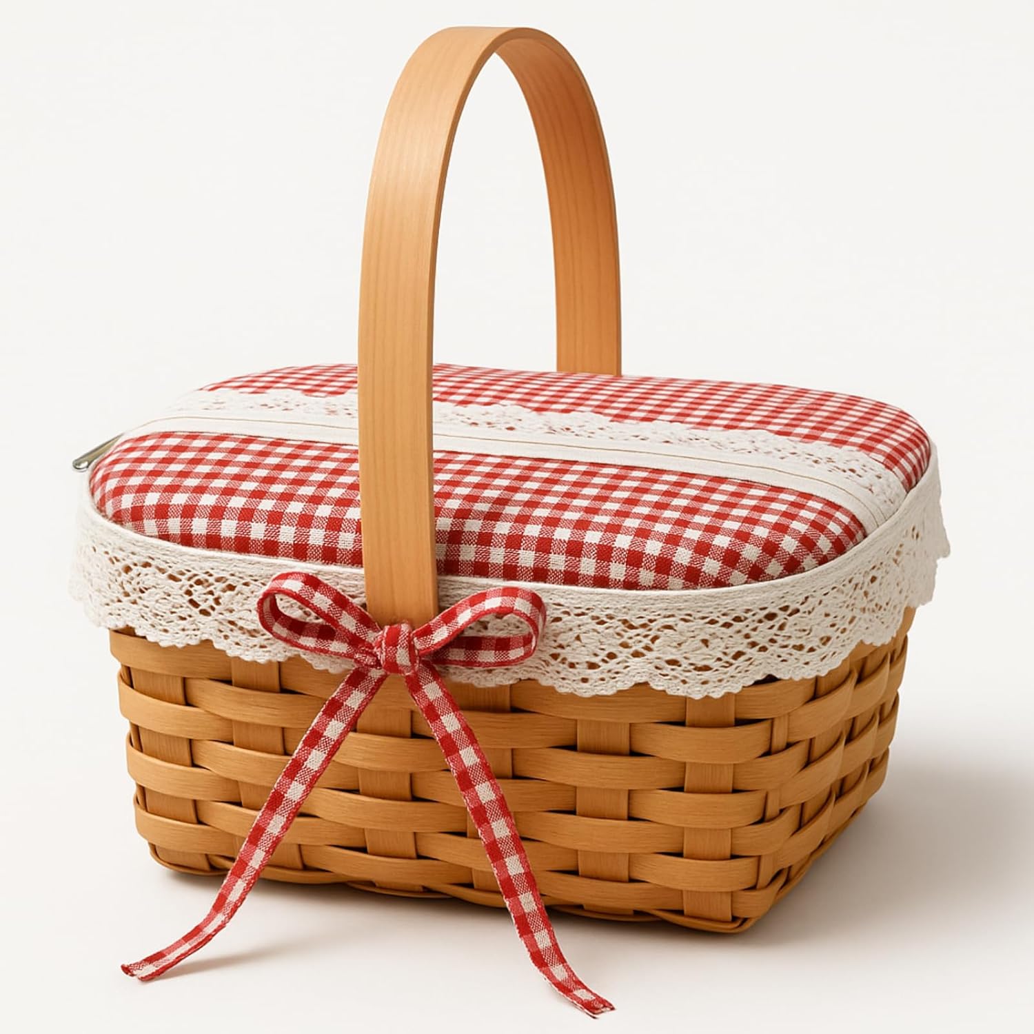 Small Picnic Basket with Handle Gingham Picnic Hamper for Women Red Hood Cape Costume Halloween Accessory Outdoor Camping Easter Birthday(Wicker Style)