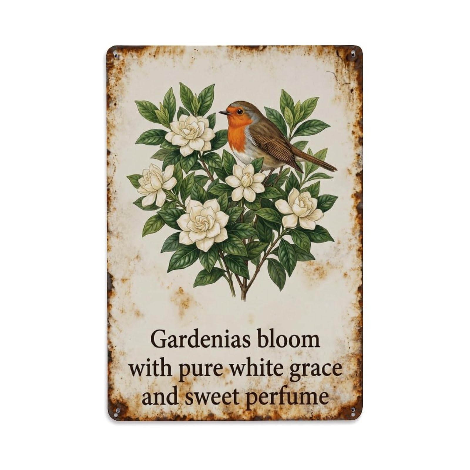 Robin Bird Garden Quote Gardenia White Vintage Metal Tin Sign Plaque Wall Decor for Cafe, Club, Garden Metal Poster 8x12Inch
