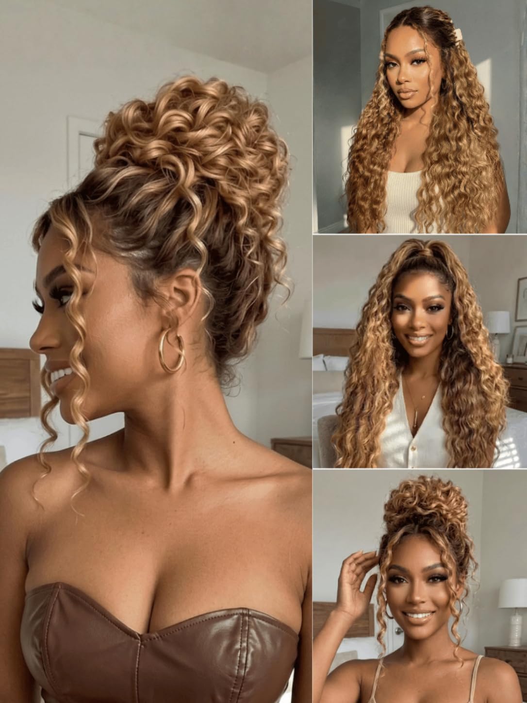 Nadula No Slip 13x4 Caramel Brown with Honey Blonde Highlight Water Wave Drawstring Wig Human Hair