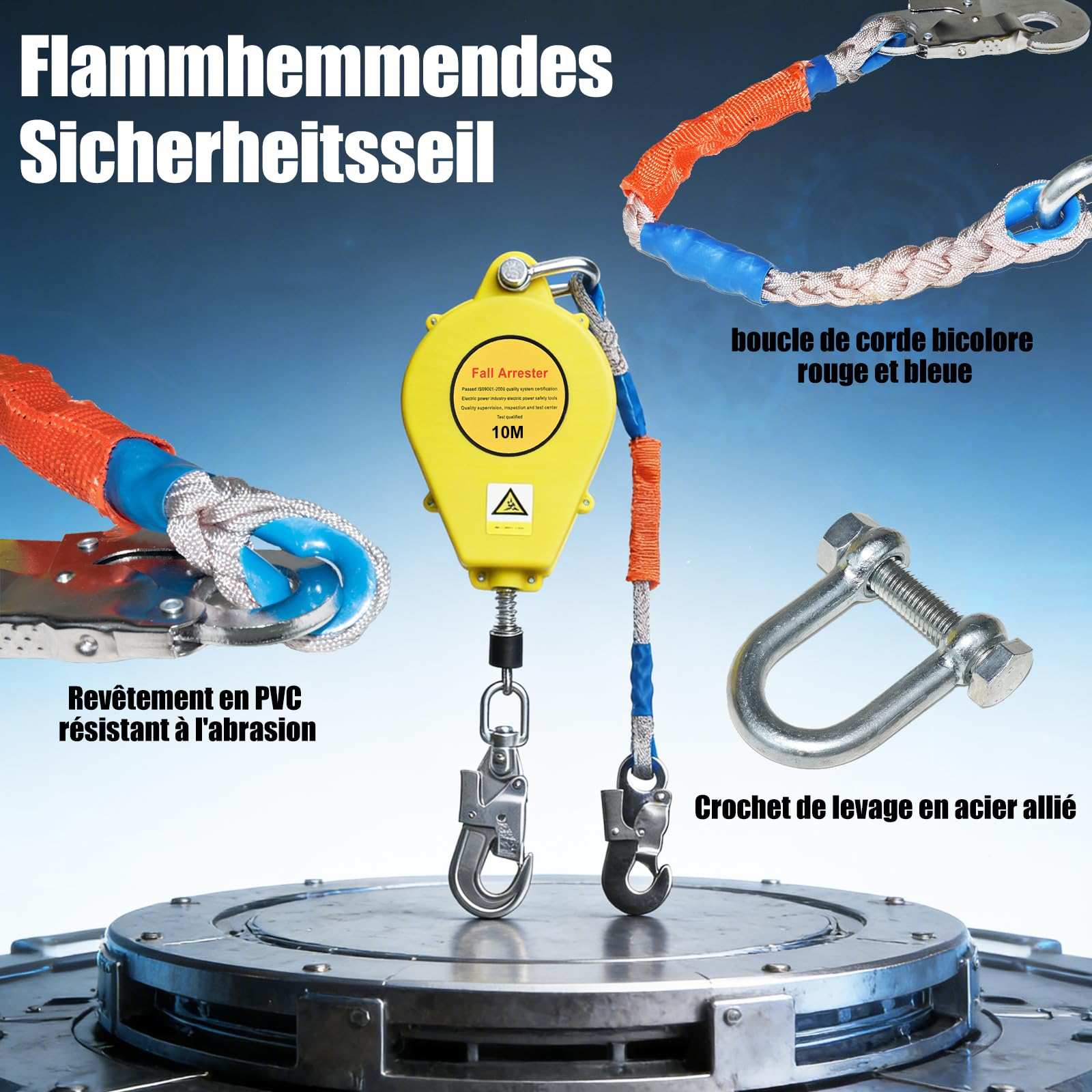 Stop Chute Automatique, Dispositif Antichute Automatique avec Mousqueton Rotatif, Stop Chute Toiture à Rappel Automatique Adapté aux Travaux en Hauteur et à l'Escalade(Giallo,10m)
