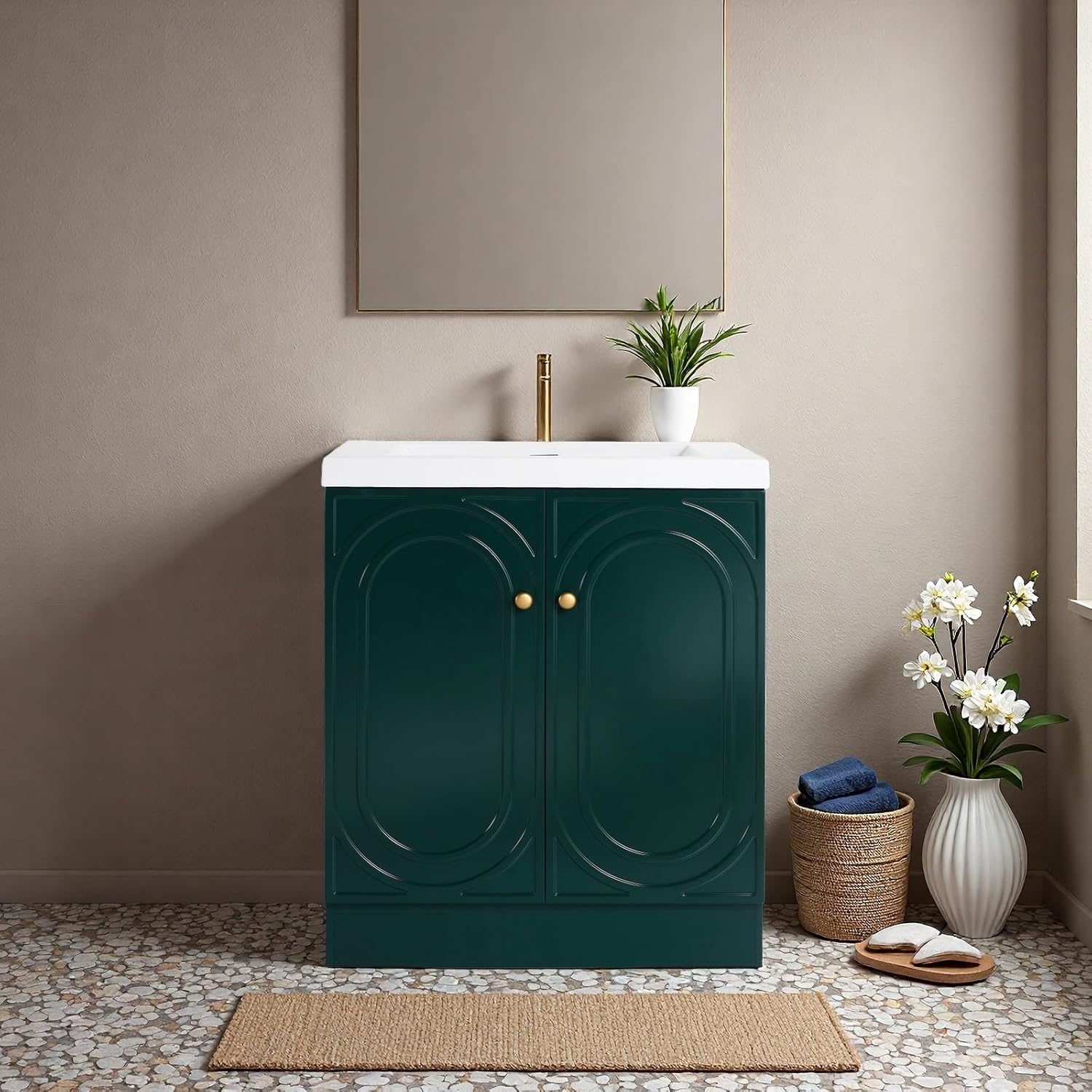 30" Bathroom Vanity with Sink, Freestanding Bathroom Storage Cabinet with Resin Sink & 2 Soft-Close Cabinet Doors, Modern Compact Vanity with Adjustable Shelf & 3-Color Handles, Dark Green