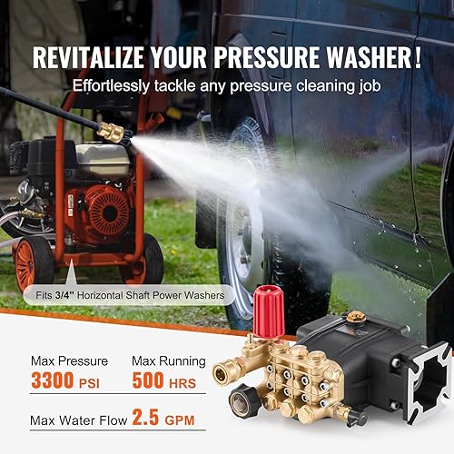 Miniatura 2 de Happybuy Bomba de lavado a presión, émbolo triple horizontal de eje de 34 pulgadas, 3300 PSI, 2.5 GPM, kit de bombas de repuesto con 5 boquillas