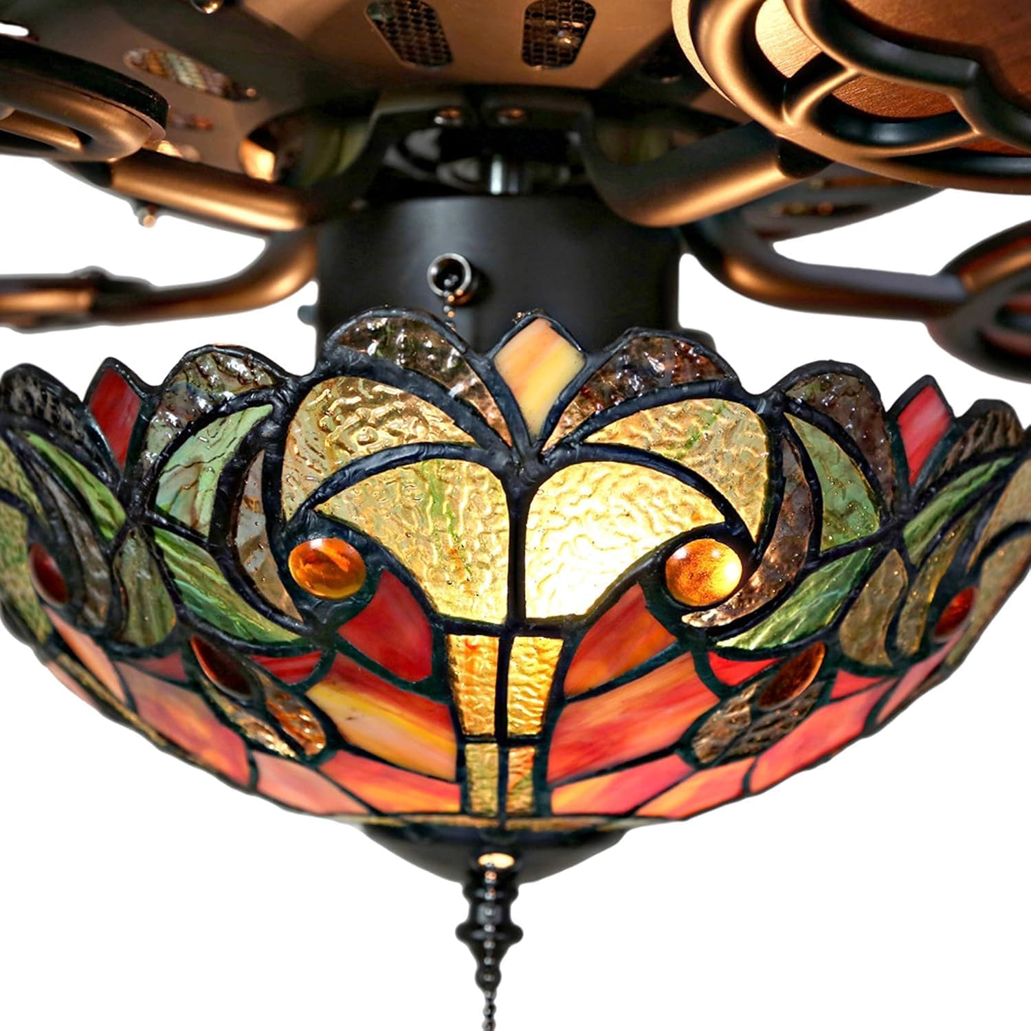 RIVER OF GOODS 52 Inch LED Stained Glass Ceiling Fan - Double-Lit Ceiling Fans With Lights and Remote - Unique Lighting & Ceiling Fans - Charming Antique Ceiling Fan Light Fixture - Halston - Spice