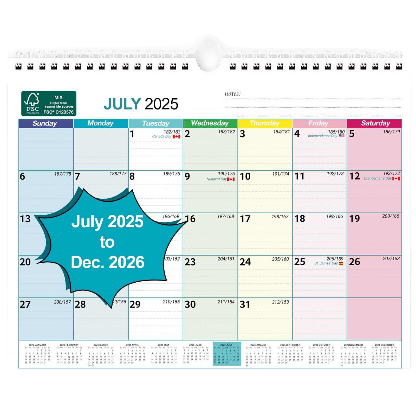 boct wall calendar 2025-2026 - includes july 2025 to december 2026-18 monthly daily planner 13 x 96 inches julian dates for new year christmas gifts