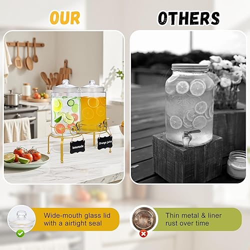 Miniatura 6 de Paquete de 2 dispensadores de bebidas de vidrio de 1 galón para fiestas, tarros dispensadores de bebidas a prueba de fugas con tapas de vidrio,