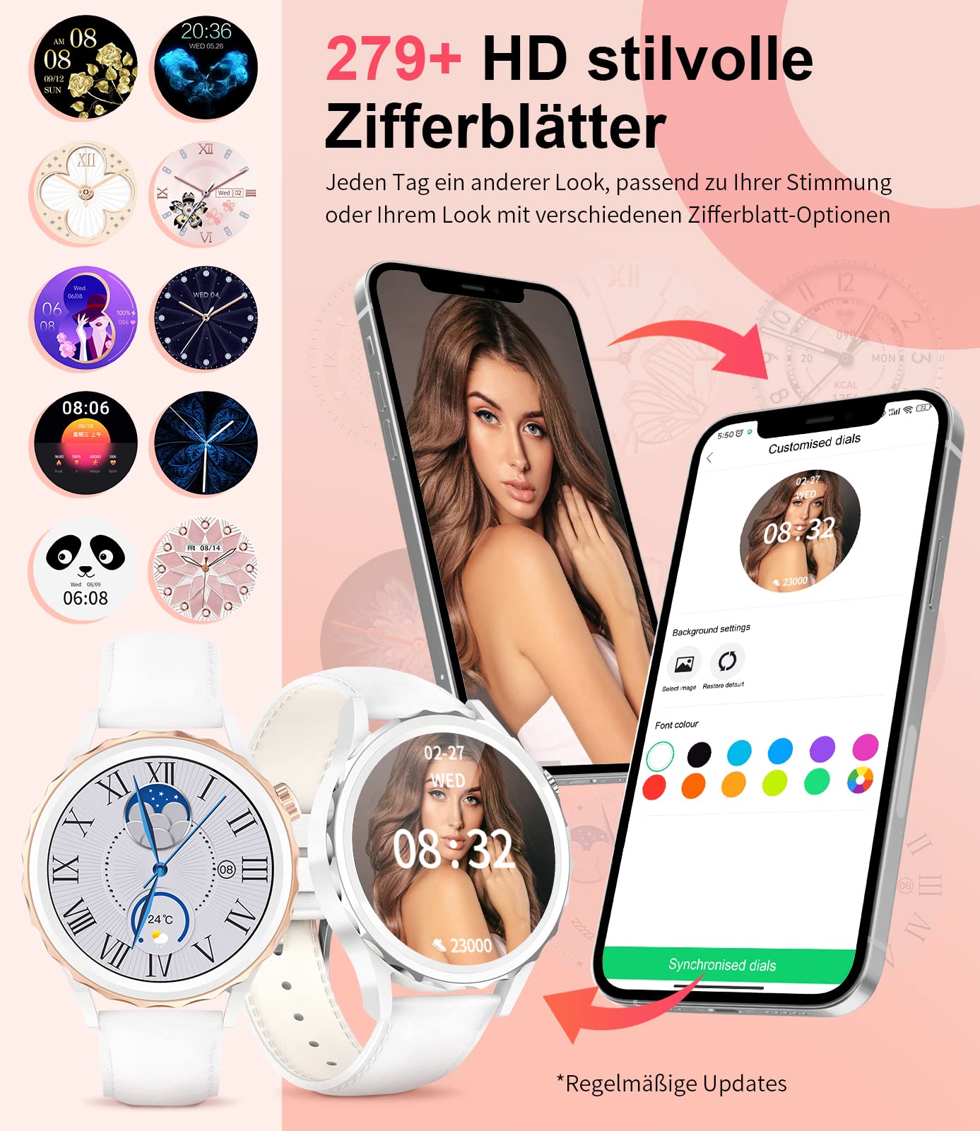 Smartwatch Damen IP68 Wasserdicht Telefonfunktion Schrittzähler Blutdruckmessung Pulsuhr Schlafmonitor 100+ Sportmodi Fitnessuhr Android iOS