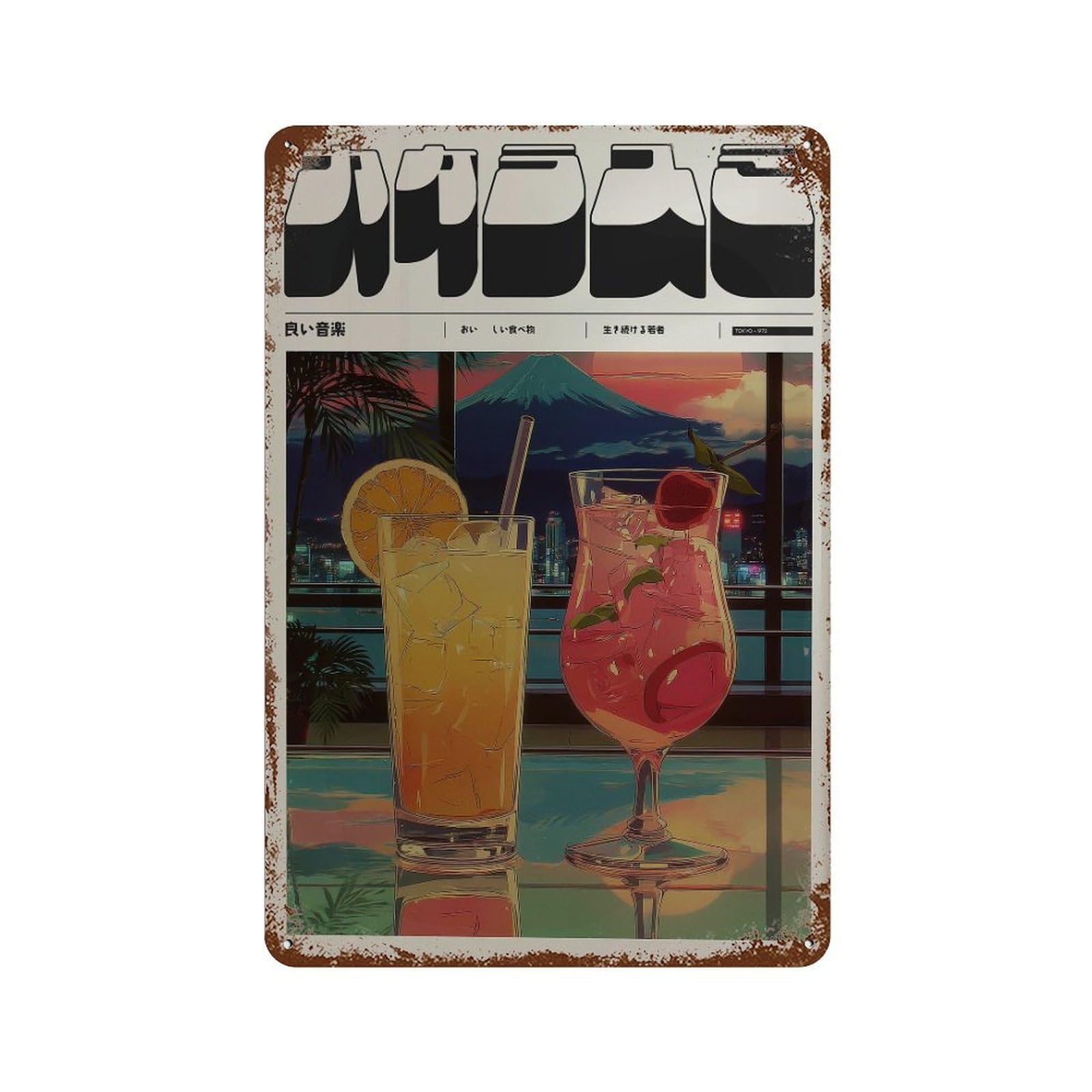 xiaoxiaoshen Cocktails With Sunset And Mount Fuji. Y2k Indie Wall Decor Art Metal Tin Poster Modern Home Decor Art Home Bar Shop Decorations Vintage Sign 30x20cm