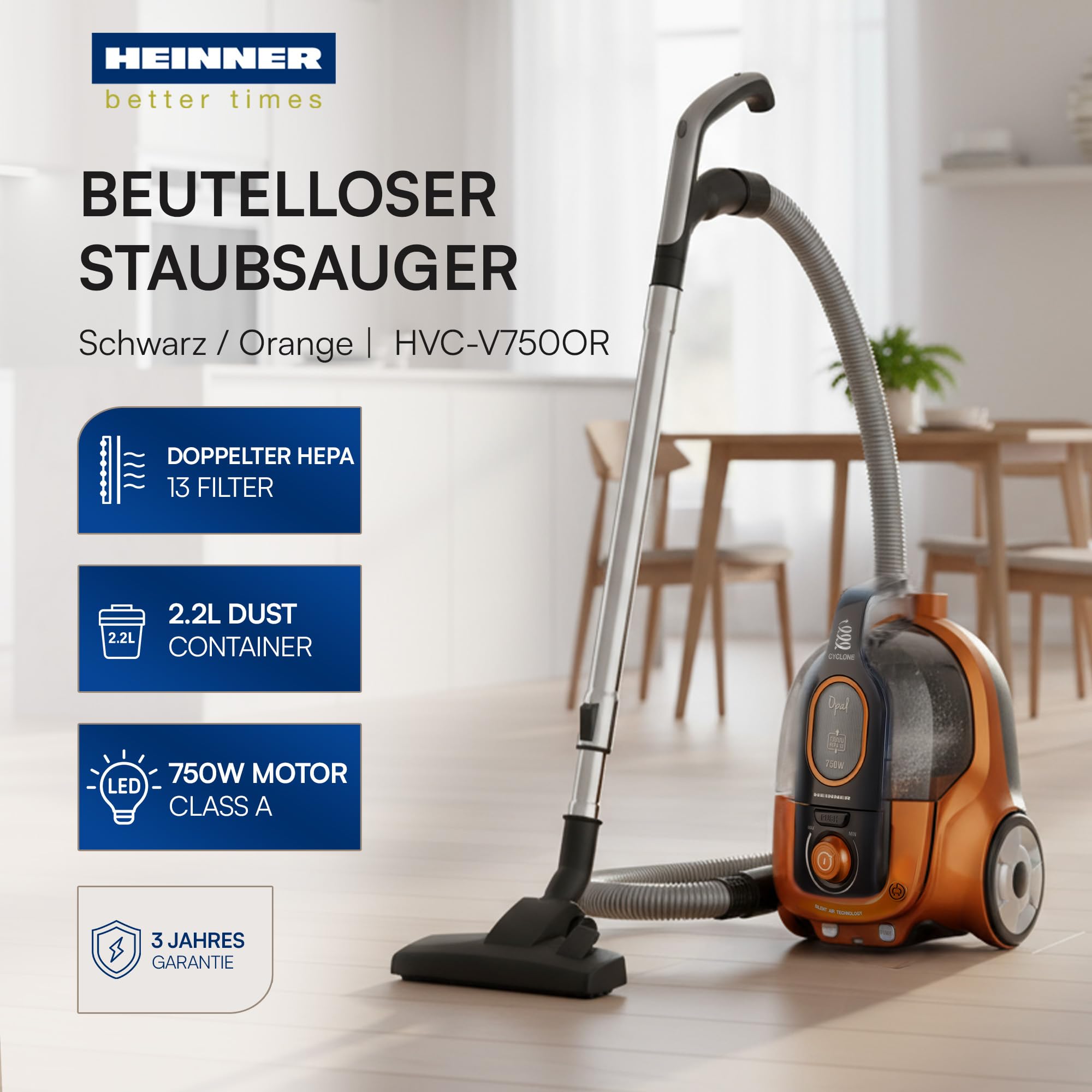 Zyklon-Staubsauger 750 W beutellos HEPA 13 Teleskoprohr automatischer Kabelaufzug leise