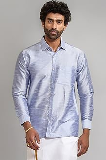 Vastramay Men's Silk Blend Ethnic Shirt | Full Sleeves South Indian Traditional Shirt | Festive, Wedding, Casual Wear