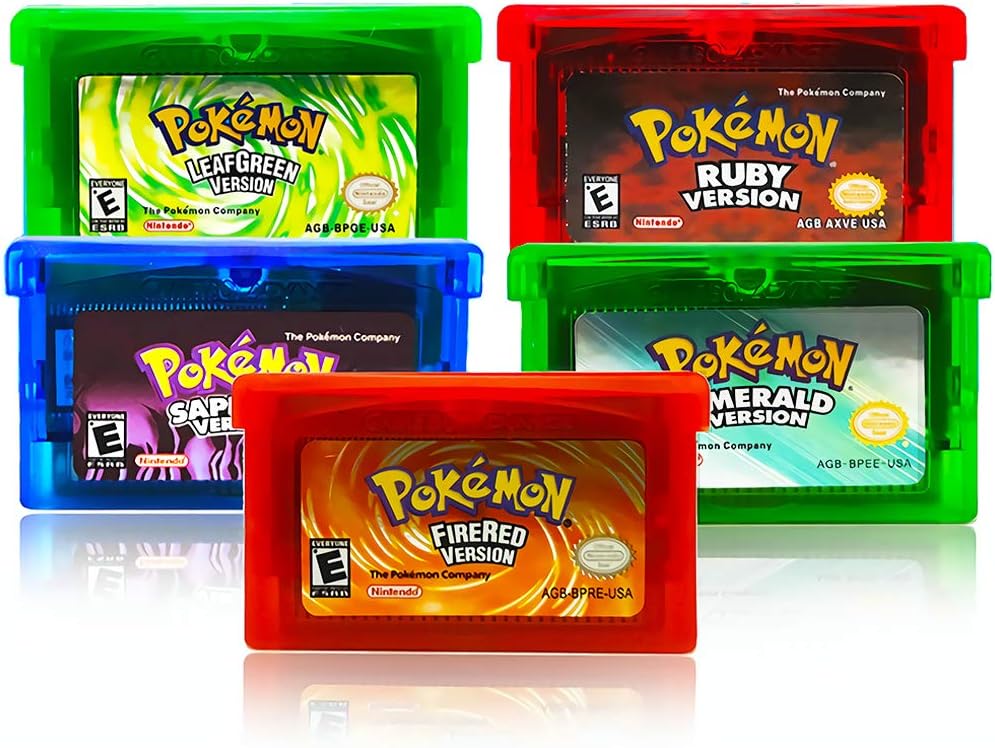 5 Pcs Pokemon Emerald Ruby Sapphire FireRed LeafGreen Version GBA Game, Pocket Monster Third-Party Cards Gameboy Cartridge Compatible with GBM/GBA/SP/NDS/NDSL (Reproduction Game Cards)