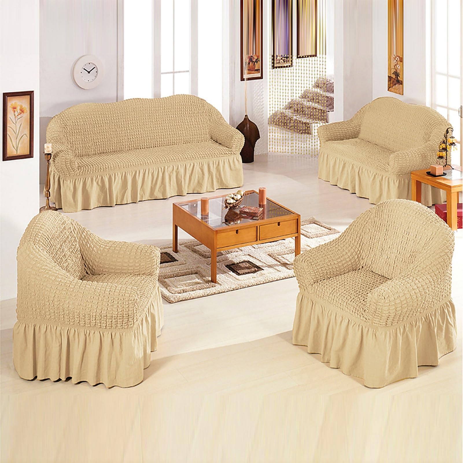 French style sofa protectors cove Thick short plush fabric Stretch Sofa Slipcovers Anti-slip Armrestless/armrest sofa cushion cover sofa cushion cover (Color : Cream color, Size : 4 seater/235-300cm