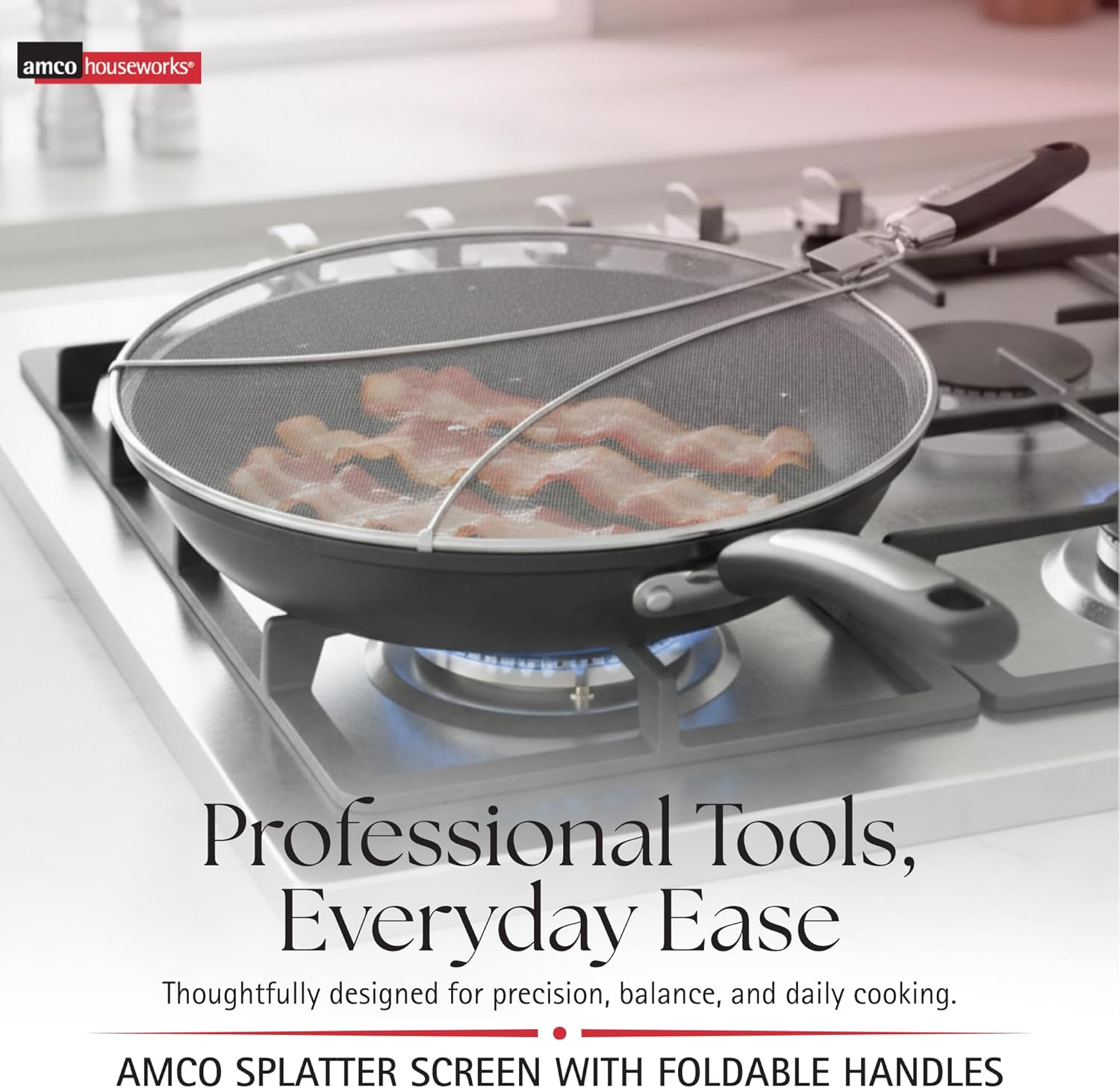 Amco 13 Splatter Screen with Foldable Handles - Stainless Steel Odor Absorber, Dishwasher Safe Versatile Kitchen Tool for Pans of All Sizes - Prevents Messy Splatters