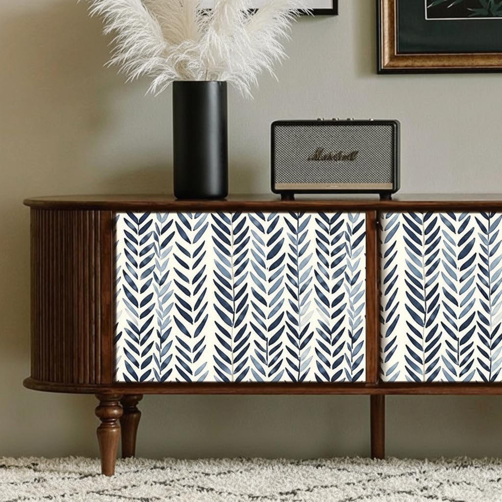 Blue and White Boho Wallpaper Peel and Stick 17.3"x78.7" Herringbone Vintage Floral Removable Renter Friendly Wallpaper for Bedroom Walls Self Adhesive Contact Paper for Cabinet Drawer B4-2