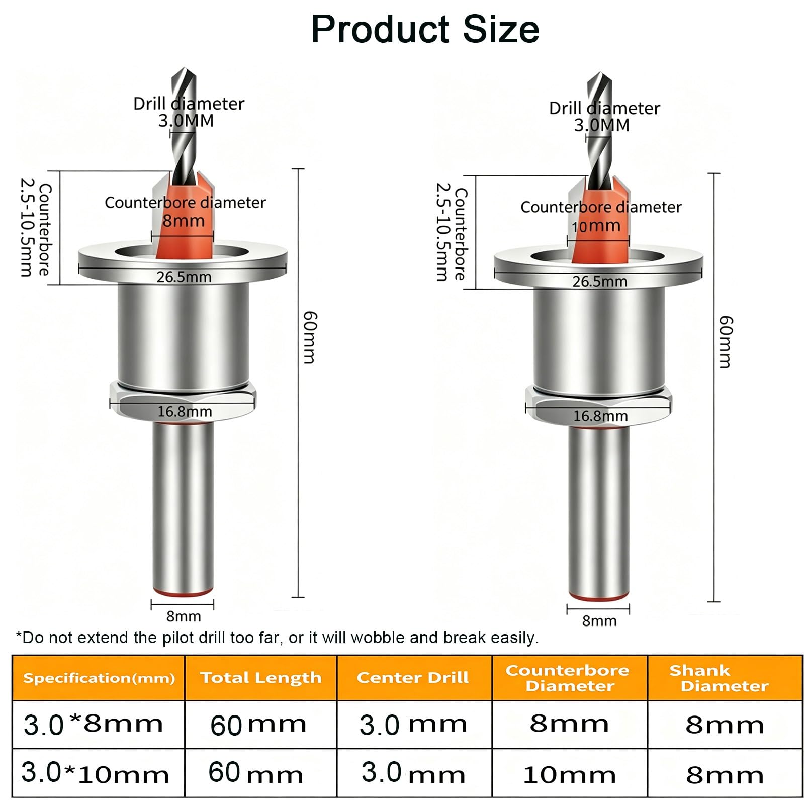 Punta per foro svasatore, punta da 5 pezzi HSS M2 da 3 mm, codolo esagonale da 1/4".