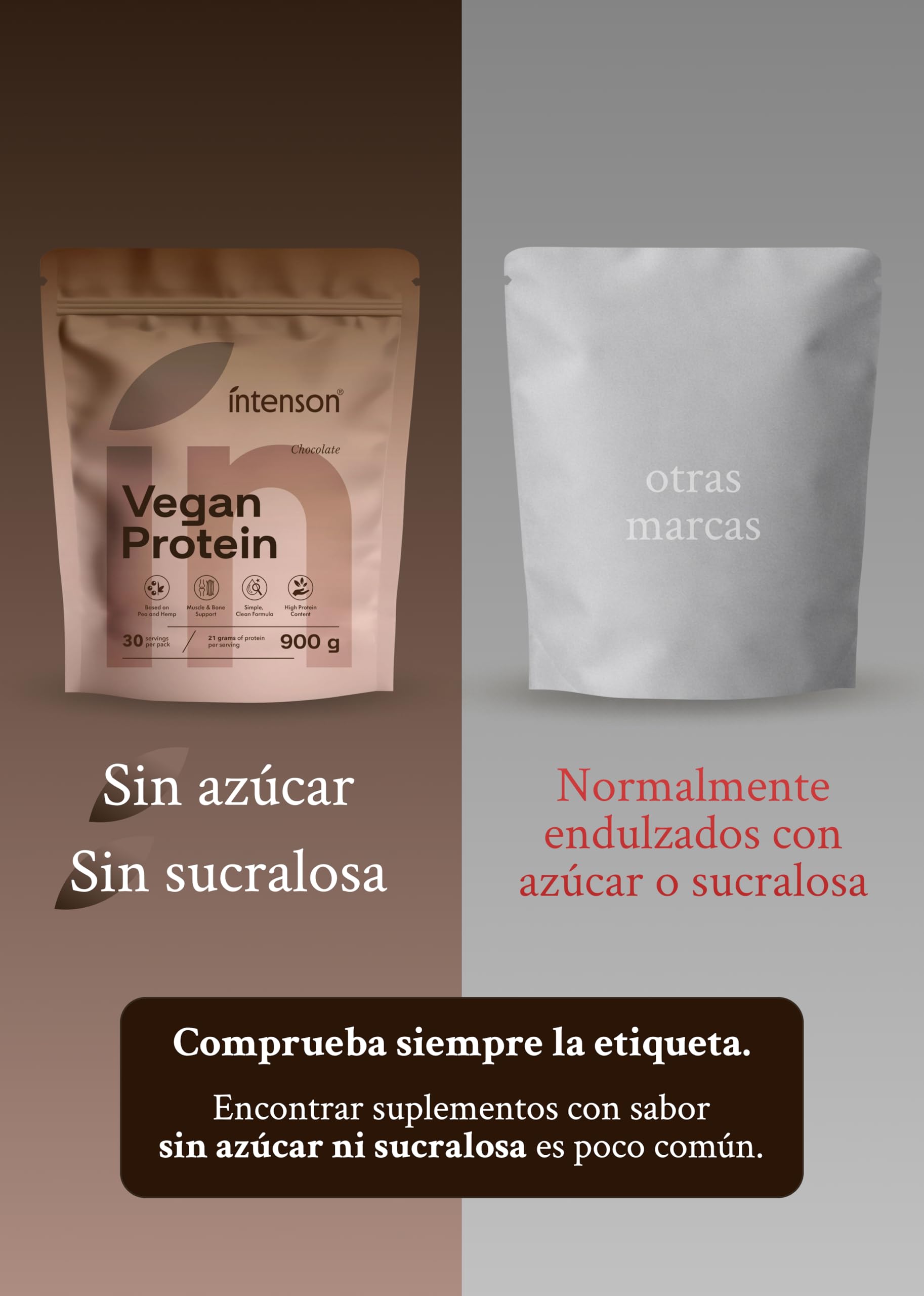 Intenson Vegan Protein Powder Chocolate, 900 g, 21 g de Proteína por Porción, 30 Porciones, Mezcla de Guisante y Cáñamo, 100% Vegetal, Sin Lactosa, Sin Gluten, Sin Azúcar, Fórmula Clean