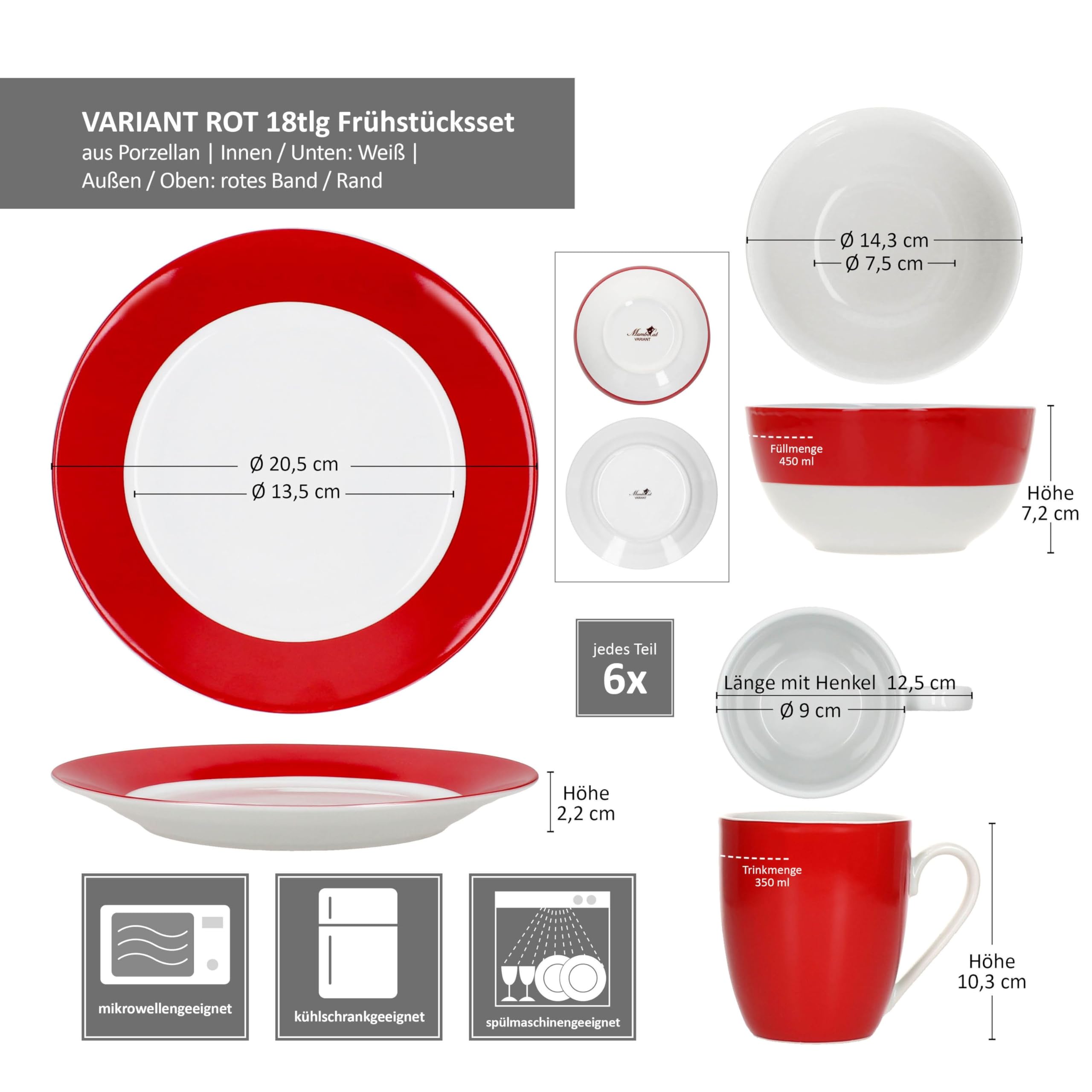 MamboCat Service de petit-déjeuner Variant rouge 18 pièces I 6 petites assiettes, bol 450 ml et tasse à café 350 ml, hauteur 10,3 cm pour 6 personnes I Vaisselle en porcelaine pour le petit déjeuner
