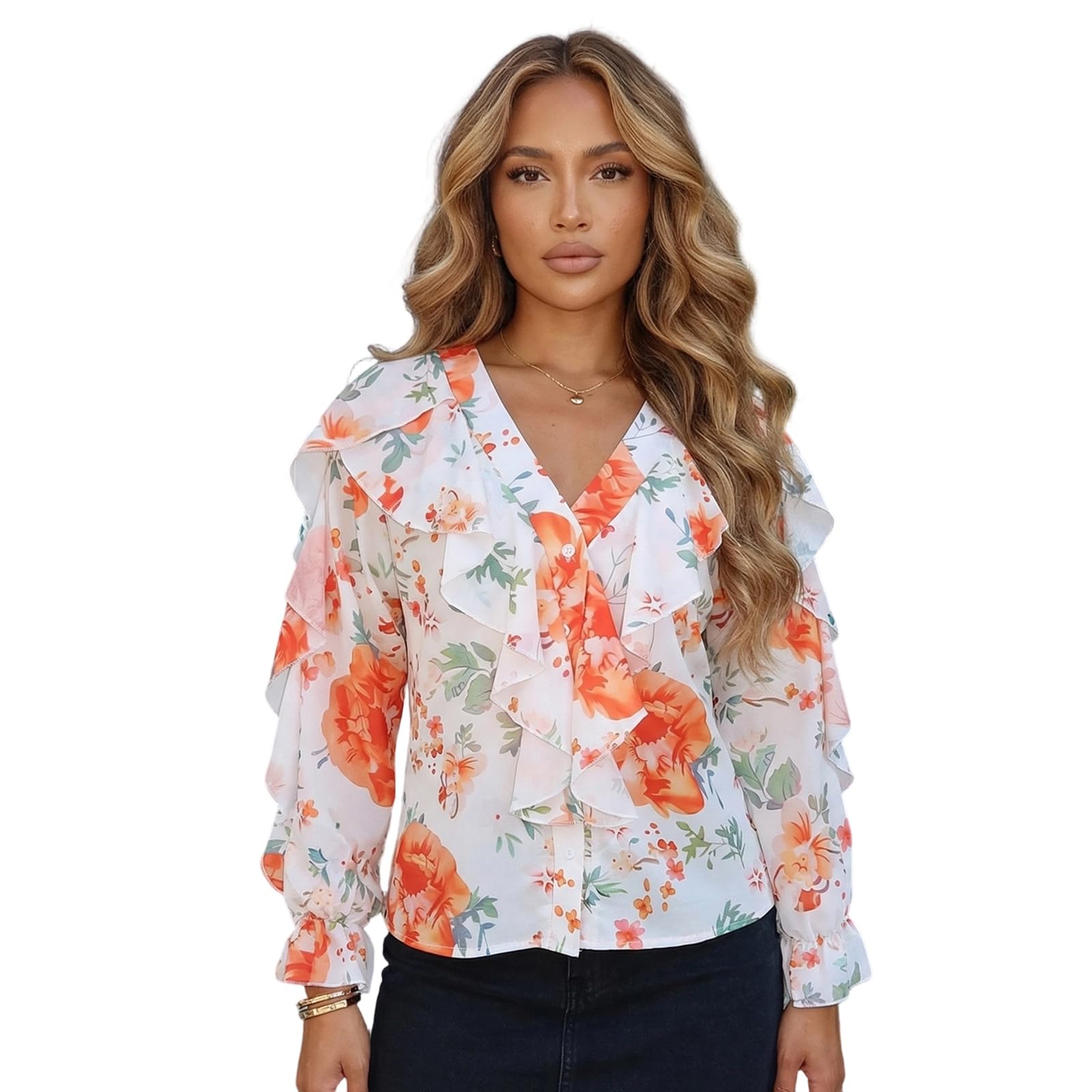 ASKSA Camicia Donna Con Scollo A V E Maniche 3/4 - Blusa Elegante Con Volant, Tinta Unita, Perfetta Per Ufficio E Tempo Libero, Taglie S-XXL
