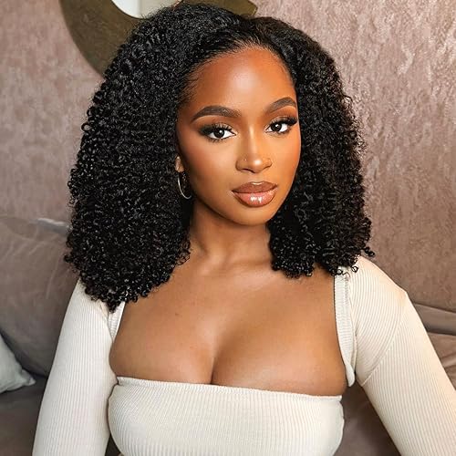 OQ Hair Afro Curly Half Wig Human Hair 180% Density 3 In 1 Beginner Friendly Glueless Wear and Go Kinky Curly Half Human Hair Wig for Women 16 Inch