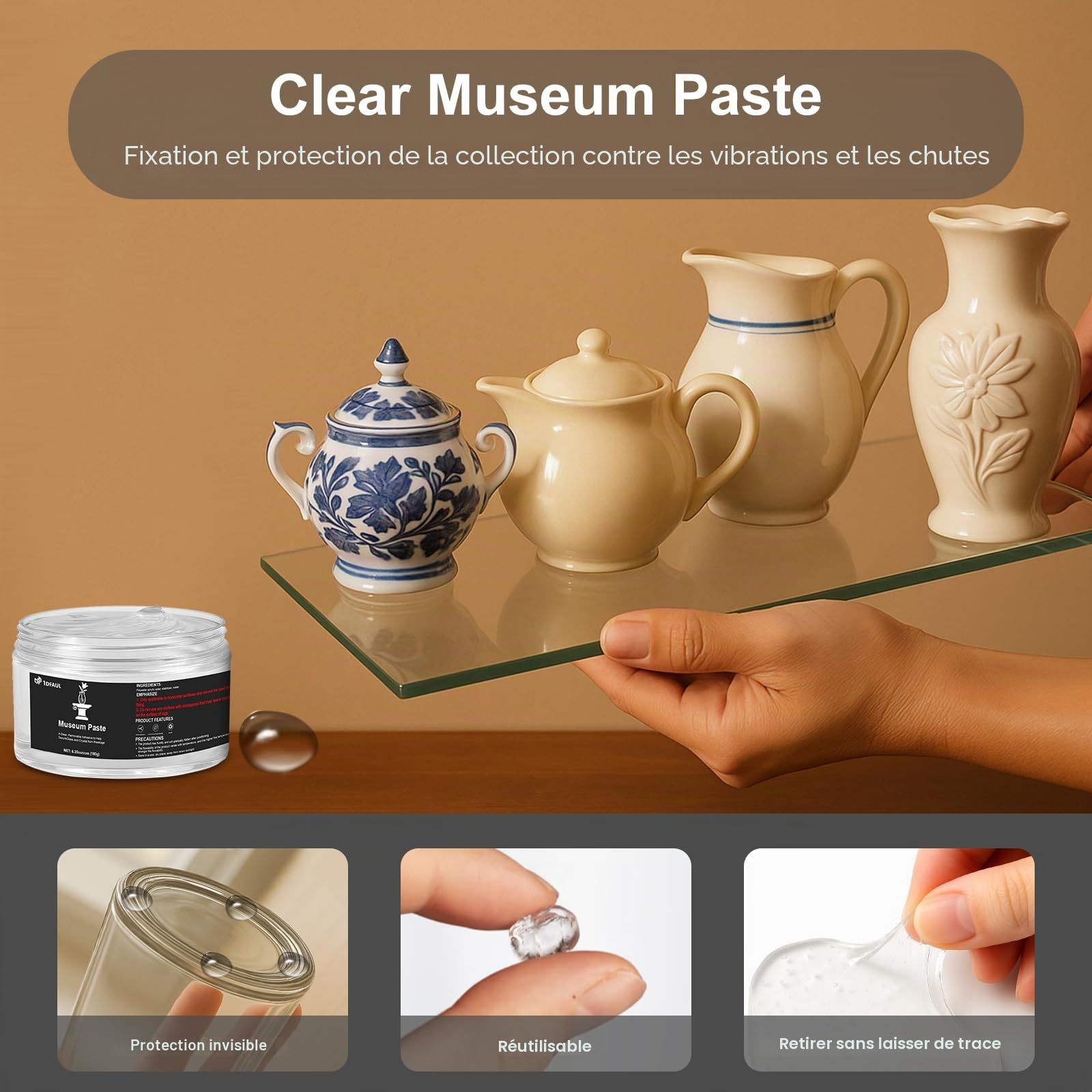 1DFAUL 6.35 oz Gel transparent de musée, cire transparente amovible, réutilisable et sans résidus, collection fixe d'artefacts et décorations pour éviter les vibrations et les chutes