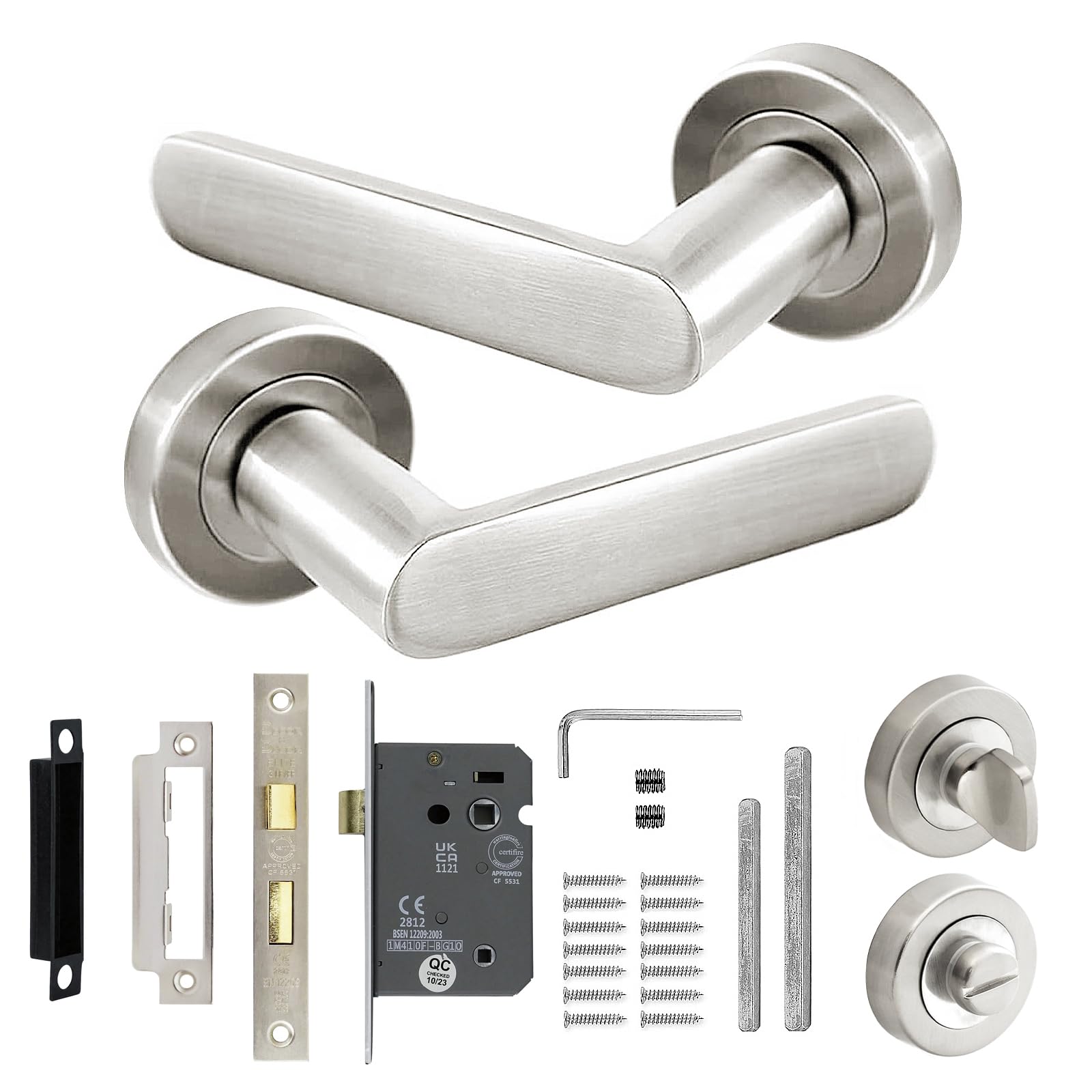 Decoranddecor Satin Nickel Echo Door Lever Handles - 54Mm Round Rose - Aluminium - Bathroom Lock Kit