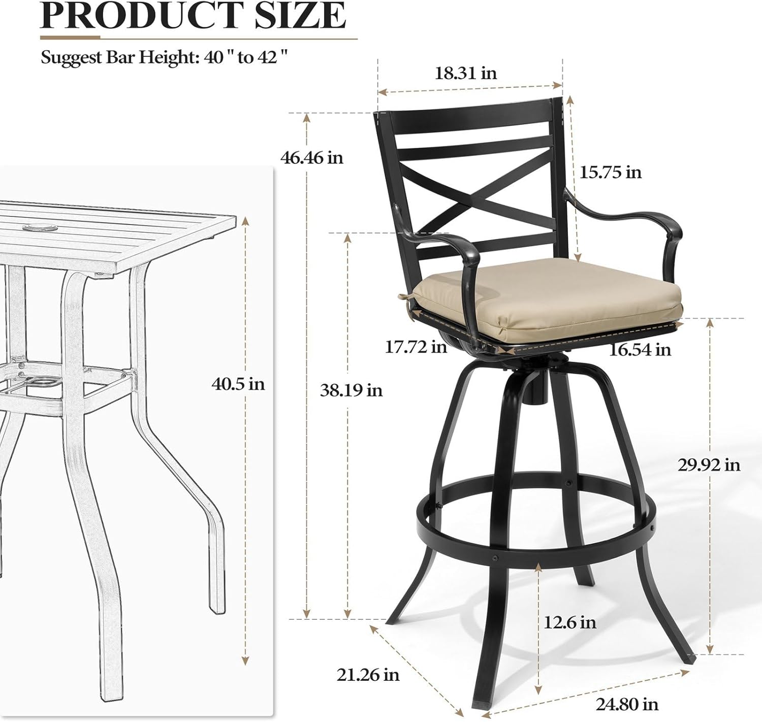 Crestlive Products Heavy Duty Cast Aluminum Outdoor Swivel Bar Stools with Cushion, Patio Bar Height Chair Set of 6, All Weather Black Finish for Outside, Indoor, Commercial Grade(Beige)