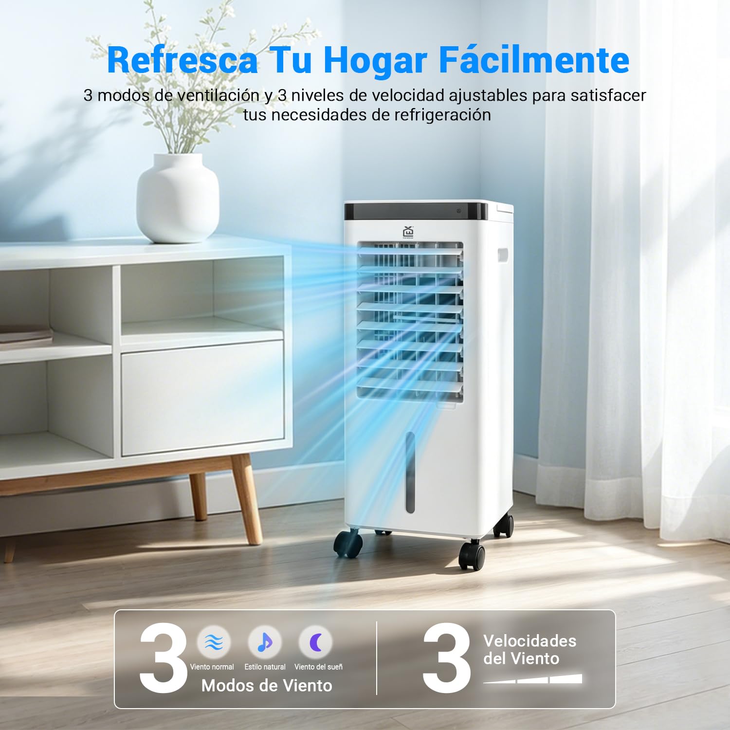 Climatizador Evaporativo 3 En 1, 65W, Función Fría, 3 Velocidades, 3 Modos, Panel Táctil, Depósito de 5L, Temporizador 12h, Filtro Lavable, Mando a Distancia, Incluye 2 acumuladores de frío