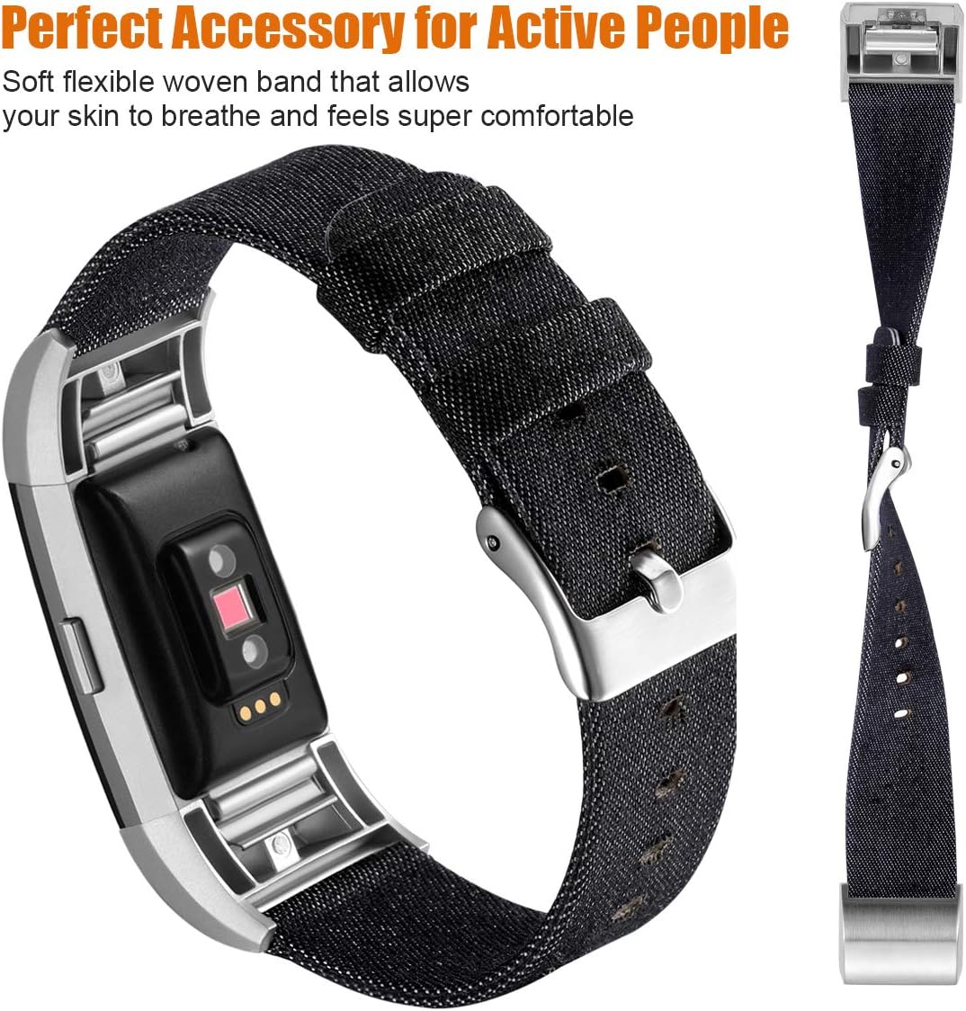 Maledan Bands Compatible with Charge 2 and Charge 2 HR for Men Women, Durable Woven Fabric Watch Band Replacement Accessories Strap Wristband, Small, Denim Black
