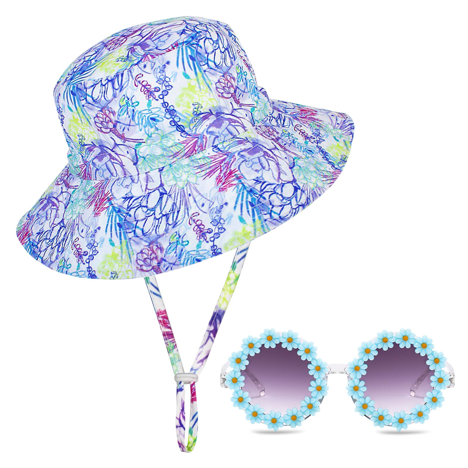 Baby Sun Hat & Sunglasses Set for Boys Girls, UPF 50+ Sun Protection Bucket Hat Toddler Beach Hat with Wide Brim and Adjustable Strap Summer Bucket Hat Glasses for Baby Outdoor Activity
