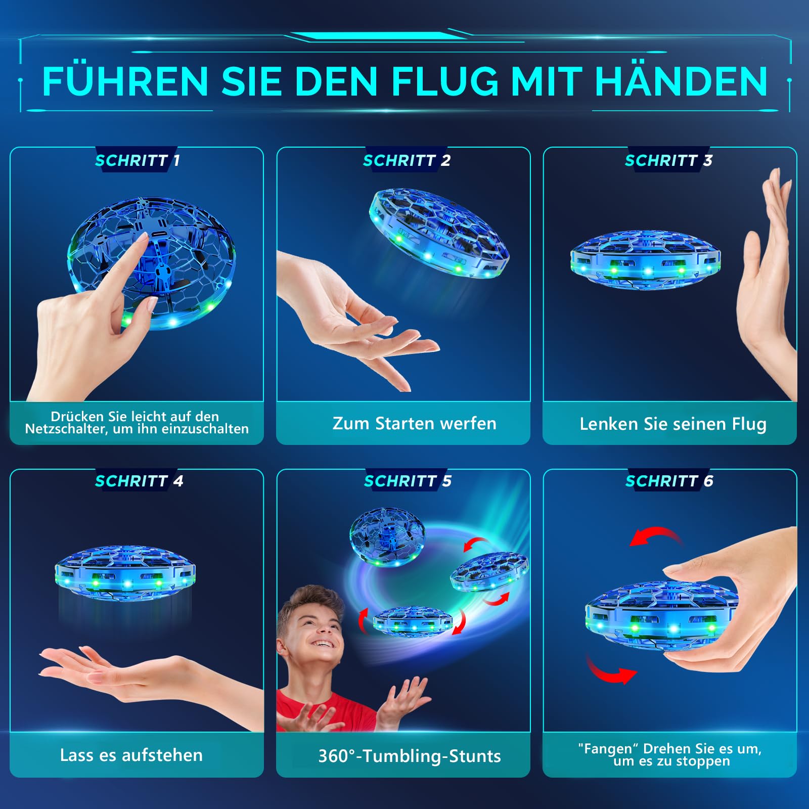 semai Mini UFO Drone Latająca piłka zabawka 360° Obrotowa latająca kula z oświetleniem LED, do użytku w pomieszczeniach i na zewnątrz Prezenty dla dzieci Chłopcy Dziewczęta 6 7 8 9 10+ lat, Niebieski