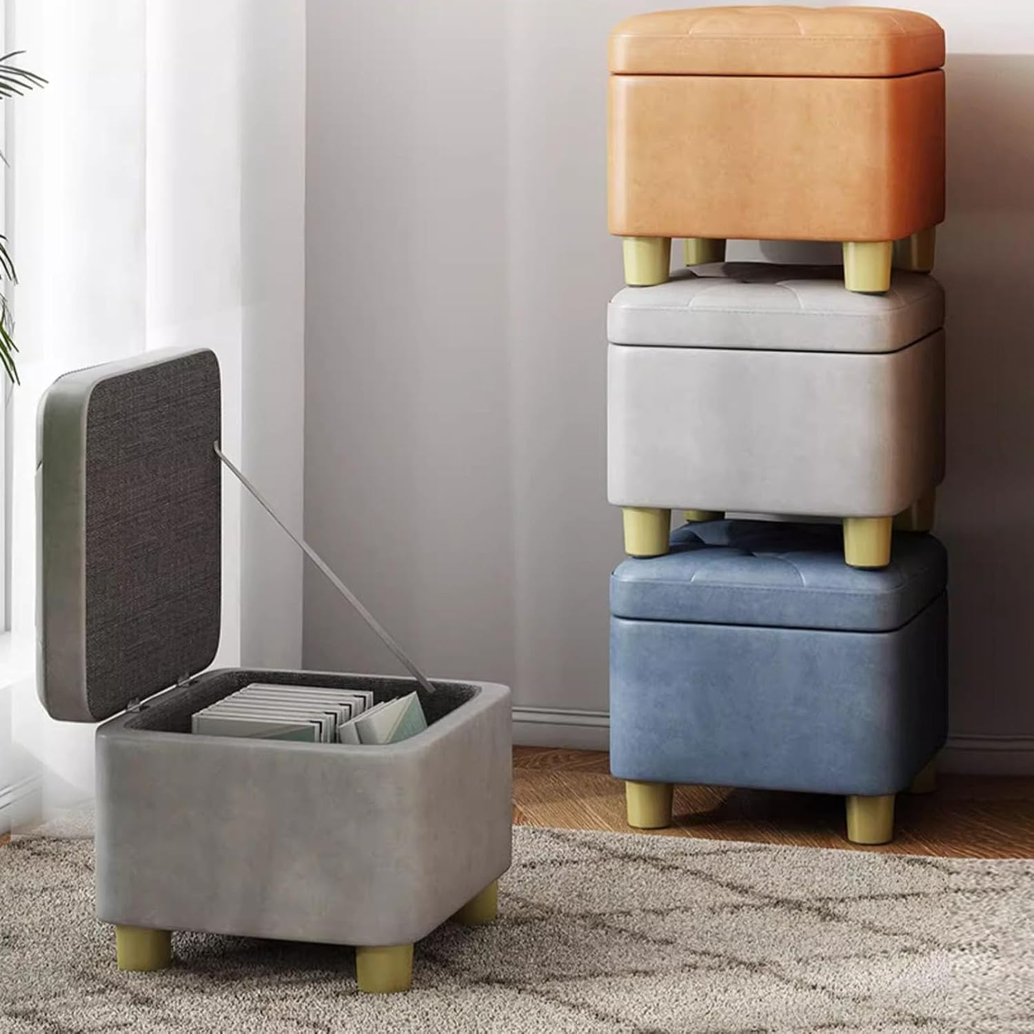 Storage Ottoman Bench for Bedroom, PU Leather Foot Stool with Storage Upholstered Footstool with Button Tufted, Luxury Shoe Bench End of Bed Bench for Bedroom, Living Room, Entryway, 32x32x23cm, Blue