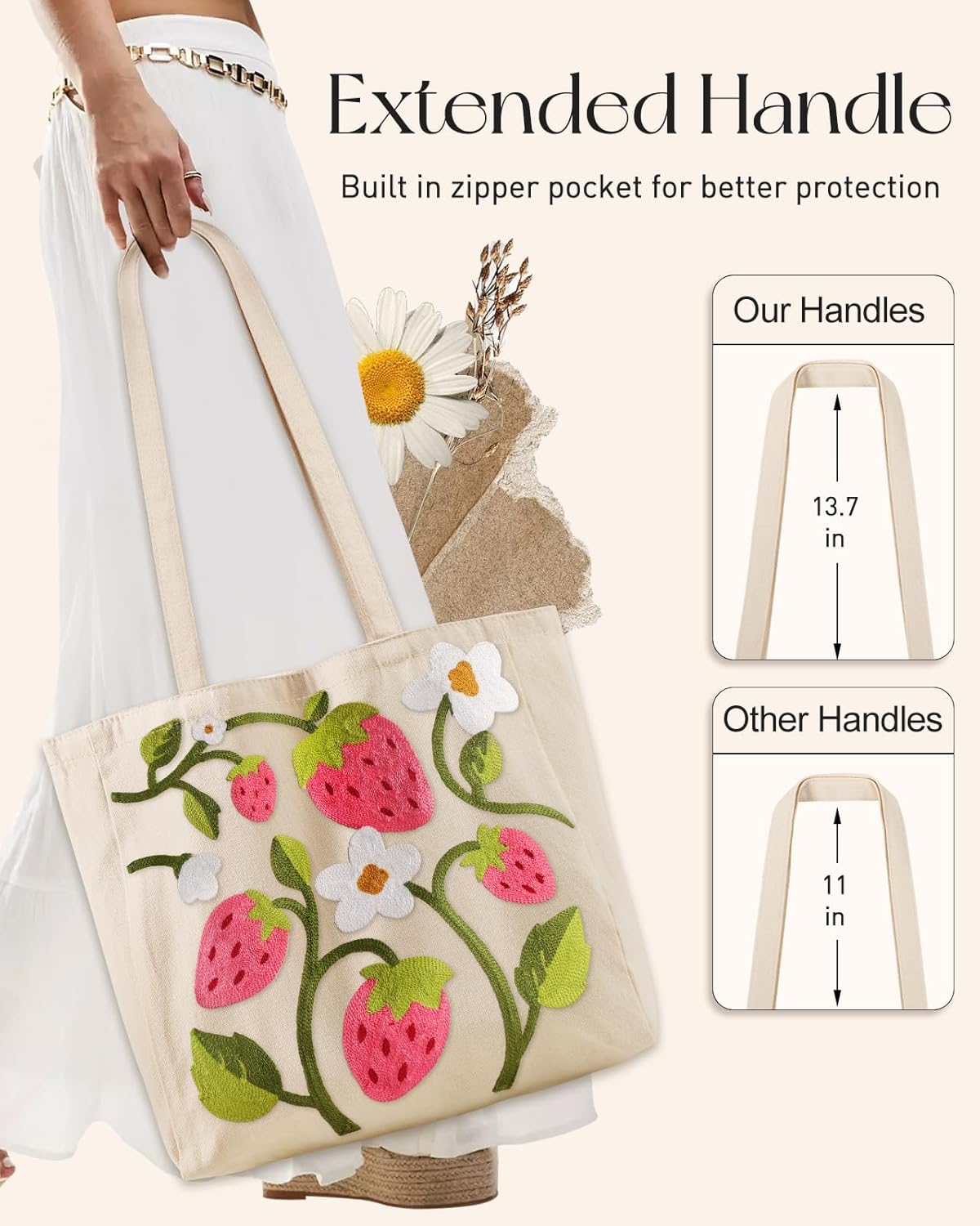Embroidery Canvas Tote Bag for Women - Reusable Totes with Pocket & Buckle Aesthetic Cute Grocery Shoulder Bag - Image 4