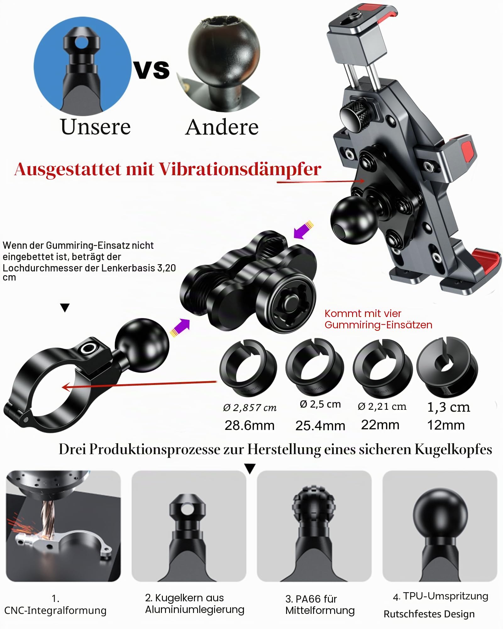 BRCOVAN Aluminiumlegierung Motorrad Handyhalterung mit Vibrationsdämpfer, Diebstahlsichere Handy Motorradhalterung, Verstellbar Lenker Handyhalter für Fahrrad, Roller, ATV, für 4,7-7,2 Zoll Smartphone