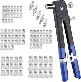 KEWAYO 110 Pieces Rivet Nut Tool, 1Pcs Hand Riveter Rivet Gun with 104Pcs Threaded Rivet Nuts Inserts (M3-M8) and 5Pcs Mandrels Rivet Nut Tool Set, for Car, Boat and Furniture Repair