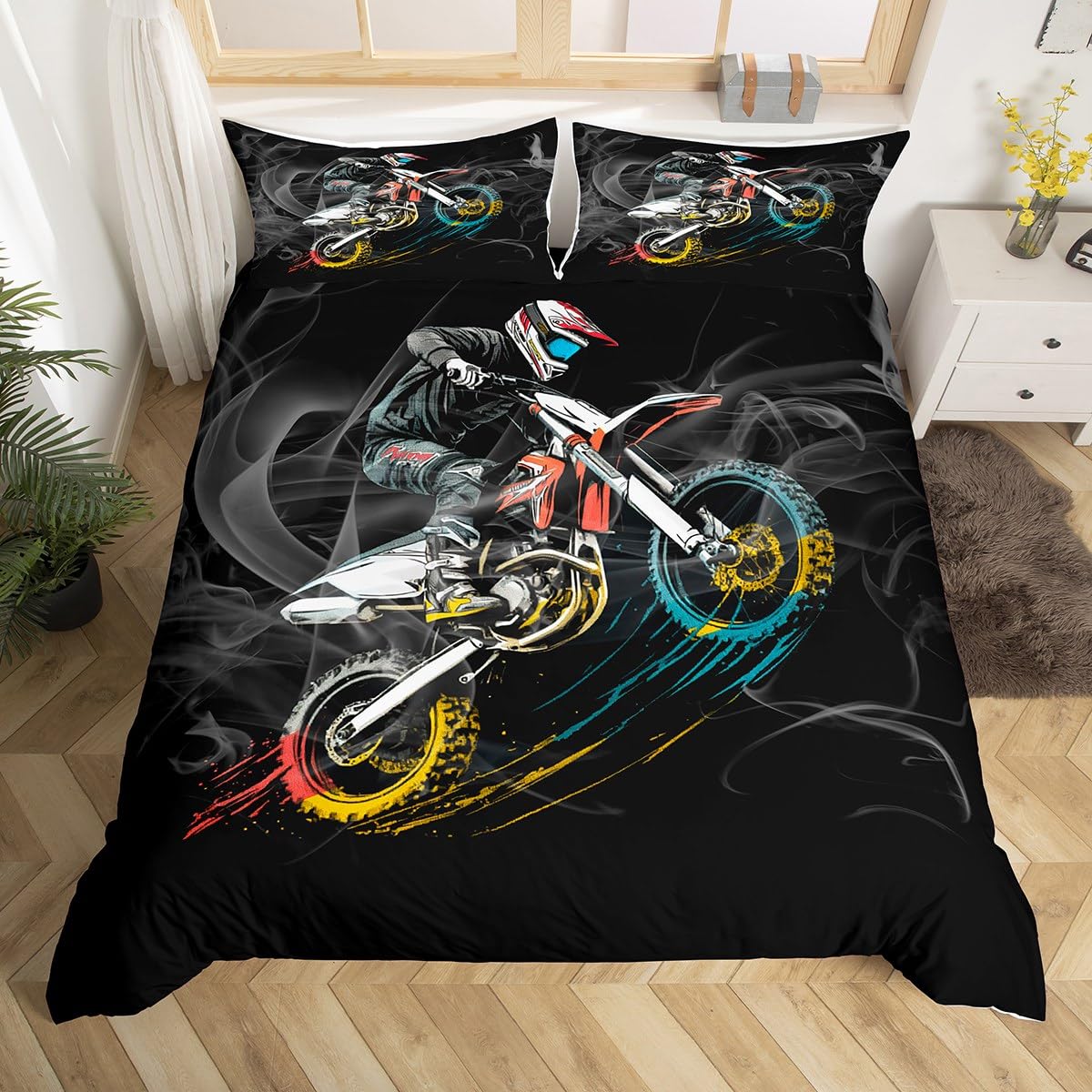Homemissing Dirt Bike Duvet Cover Set Double Size Kids Racing Motocross Rider Duvet Cover for Boys Girls Teens Graffiti Style Bedding Set Breathable Motorcycle Bedroom Decor Bedclothes — image 1