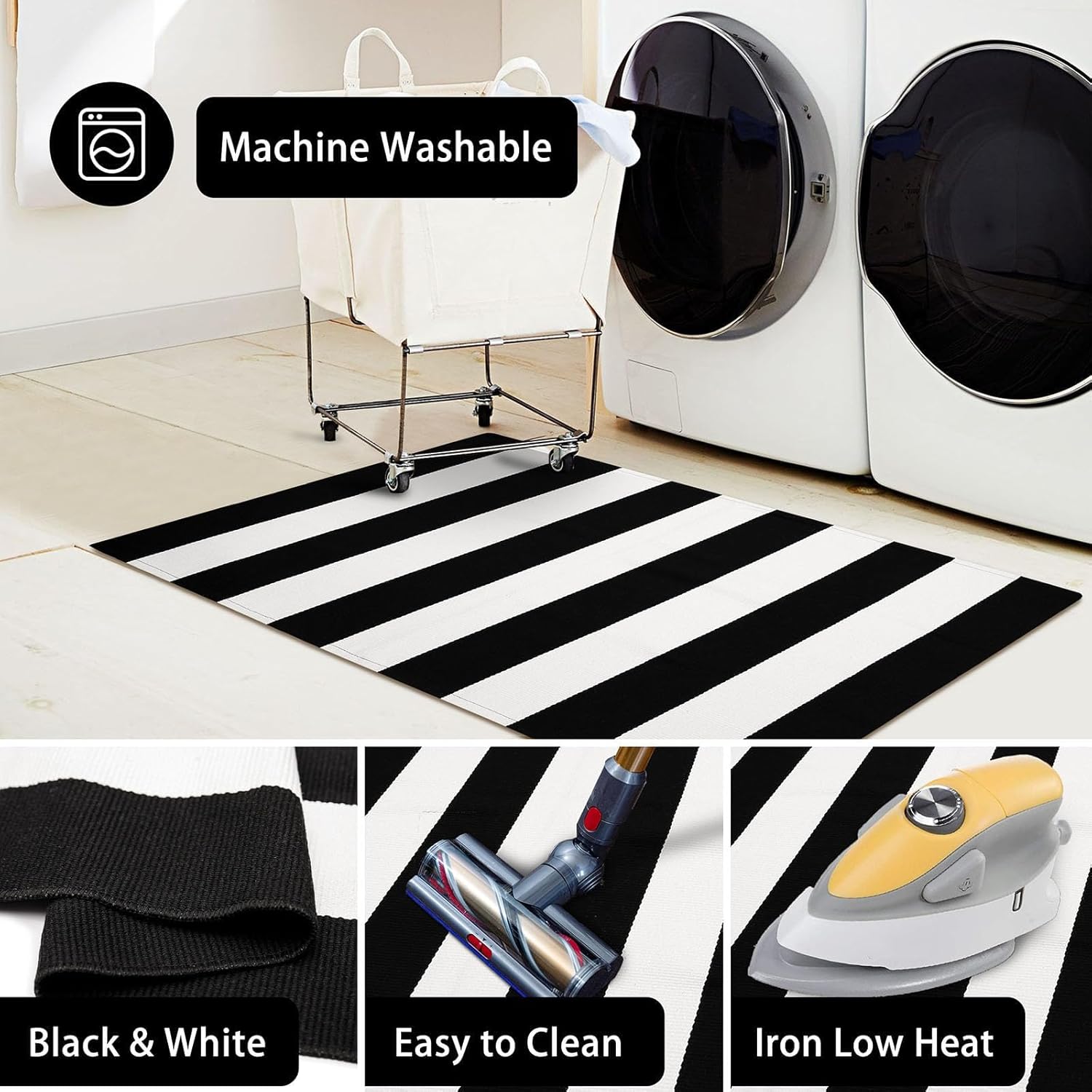 KOZYFLY Black and White Striped Runner Rug 2x6 Ft Washable Hallway Runner Rug Farmhouse Kitchen Rug Hand Woven Cotton Indoor Outdoor Rug for Kitchen Hallway Bedroom Laundry Room