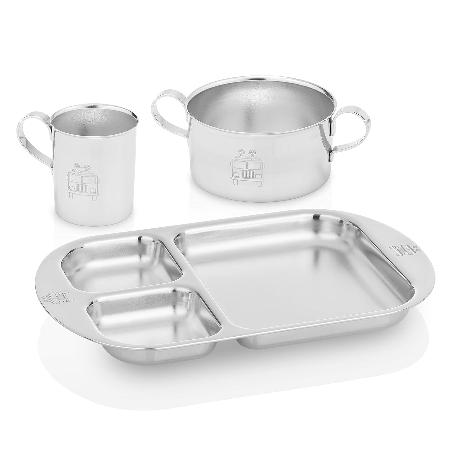 Children's Premium Stainless Steel Dinnerware Set |1 Bowl with Handles, 1 Cup with Handle & 1 Divided Plate | Fun Fire Truck Design | | Ideal for Babies,Toddlers & Kids | by Kiddobloom